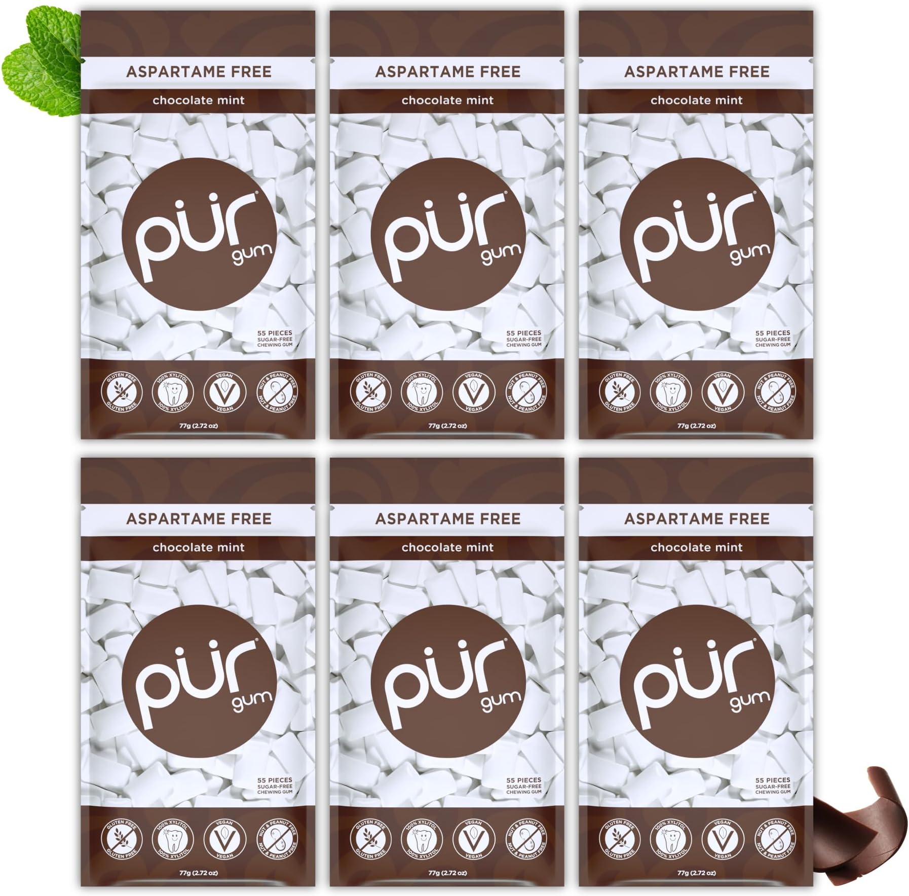 PUR Gum 100% Xylitol Chewing Chocolate Mint, Sugar-Free + Aspartame Free, Vegan + non GMO, 55 Count (Pack of 6)