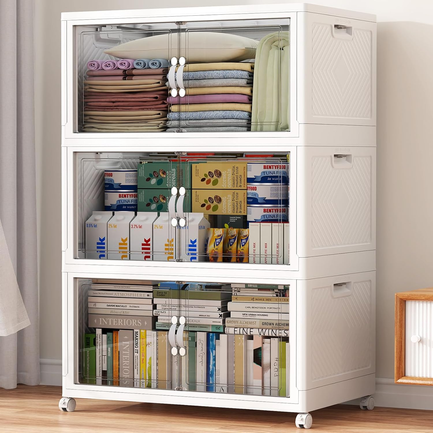 V20 160QT Stackable Storage Bins with Lid, 40Gal Plastic Box, Collapsible Containers with Wheels, Foldable Cabinets with Doors, Closet Organizer, 3Pack White V20 160QT Stackable Storage Bins with Lid, 40Gal Plastic Box, Collapsible Containers with Wheels, Foldable Cabinets with Doors, Closet Organizer, 3Pack White