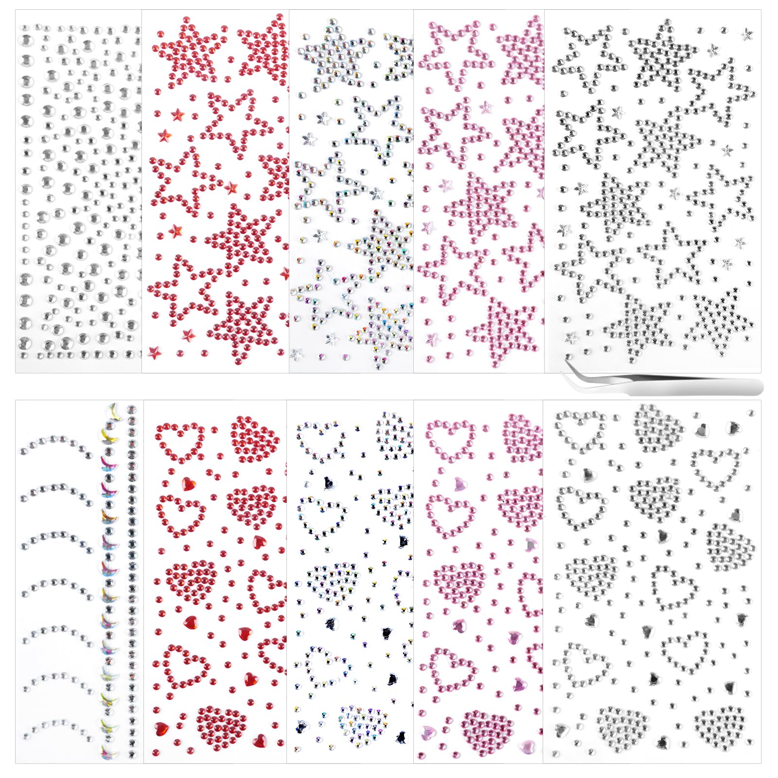 10 Sheets Face Gems Stickers, Self-Adhesive Heart Star Face Jewels with Tweezer, Stick on Glitter Hair Gems, Rhinestones Stickers for Women Festival Eyes Nail Body Makeup Concert Crafting