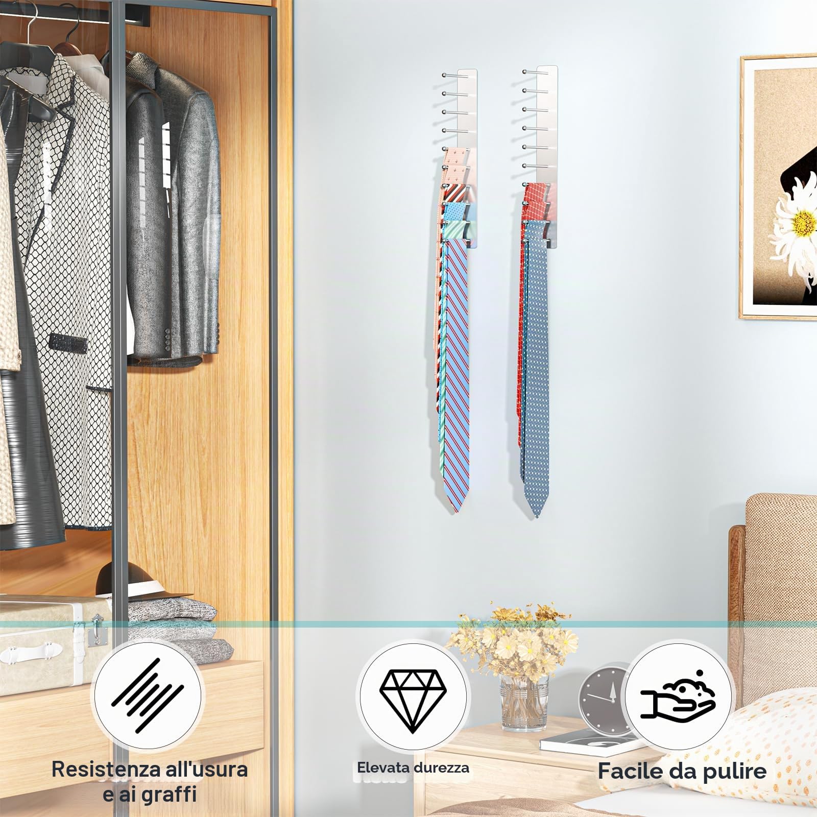 Porta Cravatte, Portacravatte per Armadio in Acciaio Inox, Portacravatte Adesivo per Uomo con 20 Ganci, Portacravatte da Parete per Camera da Letto, Soggiorno, Cassettiera, Argento