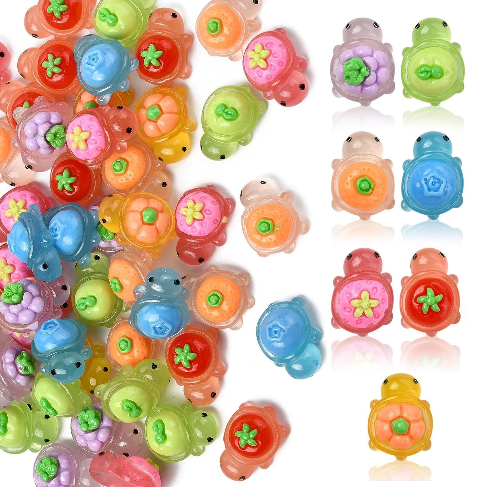 QGH Mini Turtle Figurines 70 Pack – Fruit Design Tiny Turtles – Miniature Fairy Garden Decor – Resin Craft Accessories for Aquarium, Terrarium & Car Dashboard