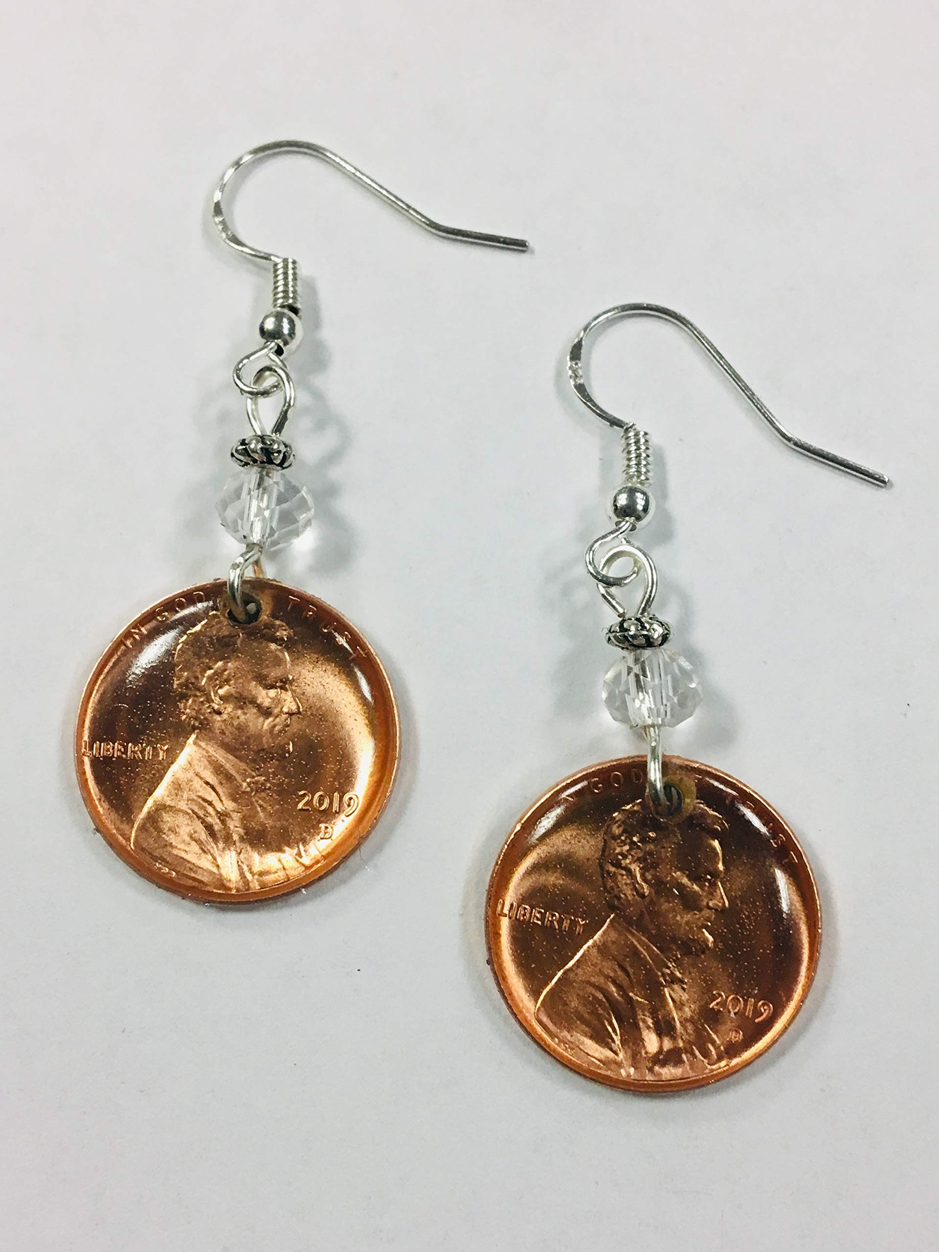 Lucky Penny Earrings, sealed in resin, with Clear Faceted Crystal Accent Beads on Sterling Silver Earwires, USA Coin Jewelry, New Shiny Pennies (years will vary)