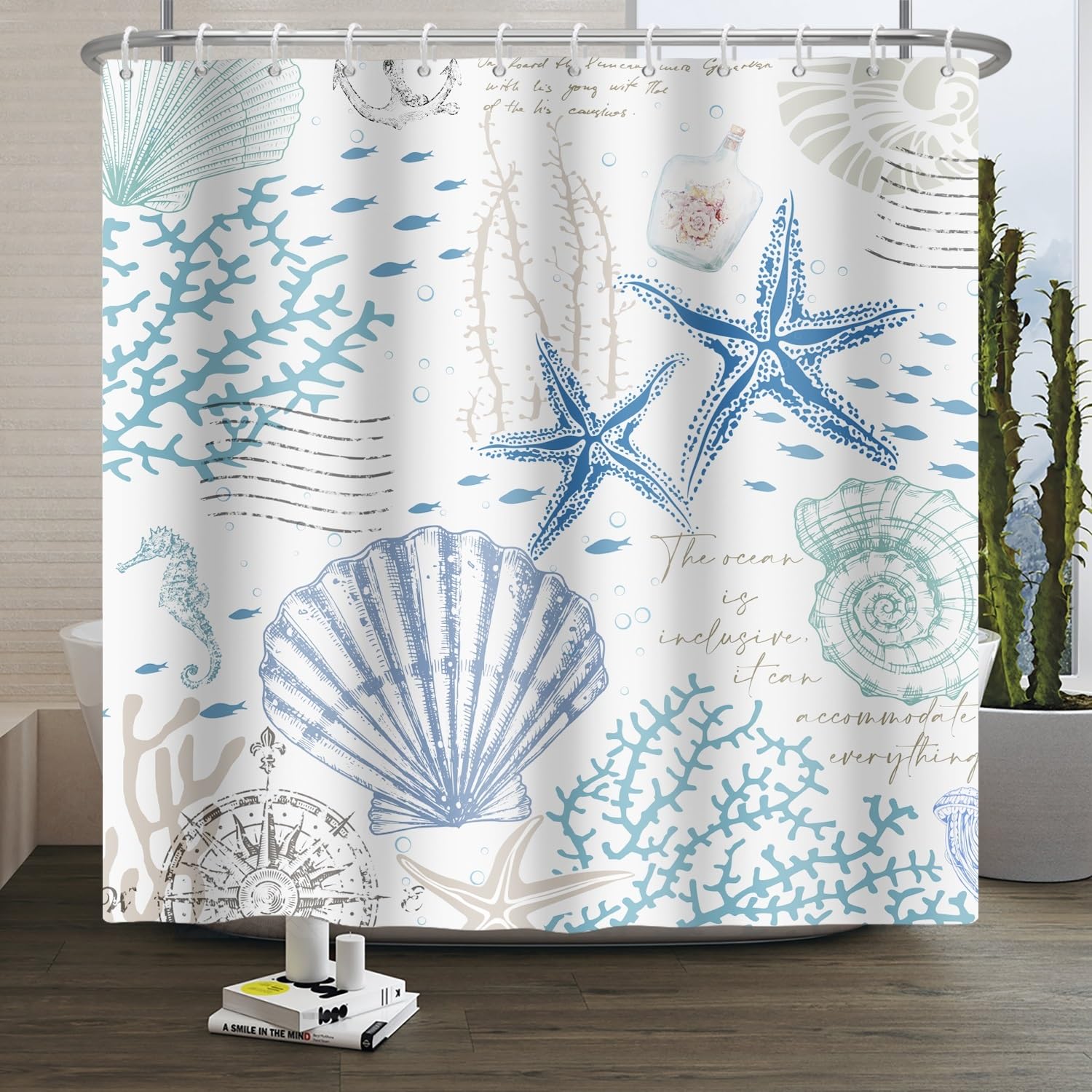 Xiaoterna Summer Marine Life White Shower Curtain Retro Nautical Coast Starfish Shell Coral Seahorse Waterproof Polyester Bathroom Curtain Underwater Flora and Fauna Bathroom Decoration 150x200cm โ image 1