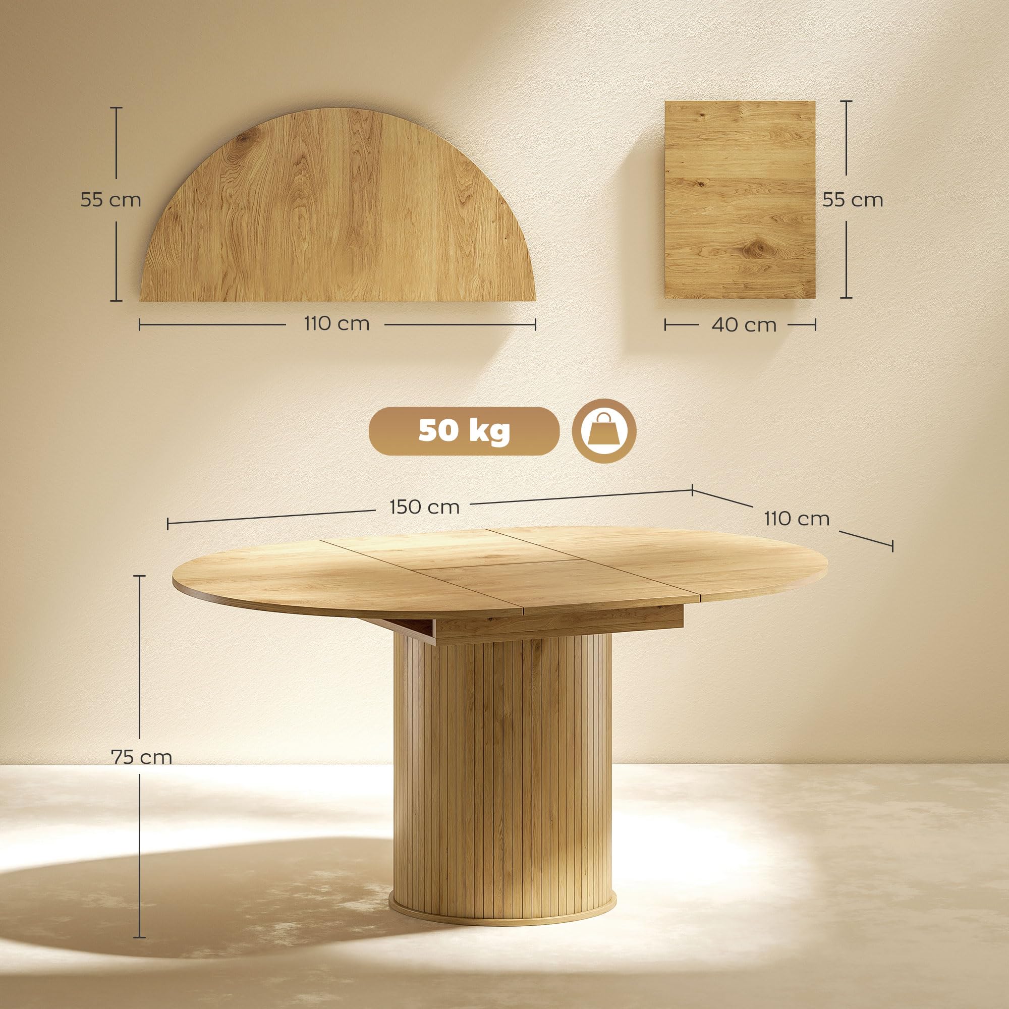 HOMCOM Tavolo da Pranzo Allungabile per 6-8 Persone con Pannelli Rimovibili, 110cm-150cm Tavolo Rotondo Allungabile ad Ovale con Base a Piedistallo, per Sala da Pranzo, Soggiorno, Color Legno