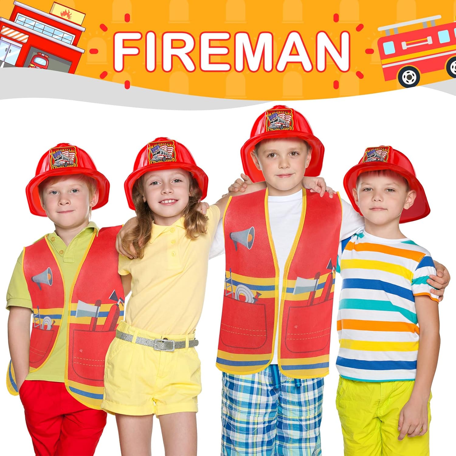 Geyoga 24 Pcs Fireman Costume Set for Kids, Fireman Role Play Party Supplies, Includes 12 Firefighter Helmet and 12 Vest for Kids Ages 3-8 Birthday Halloween Role Play Party Dress