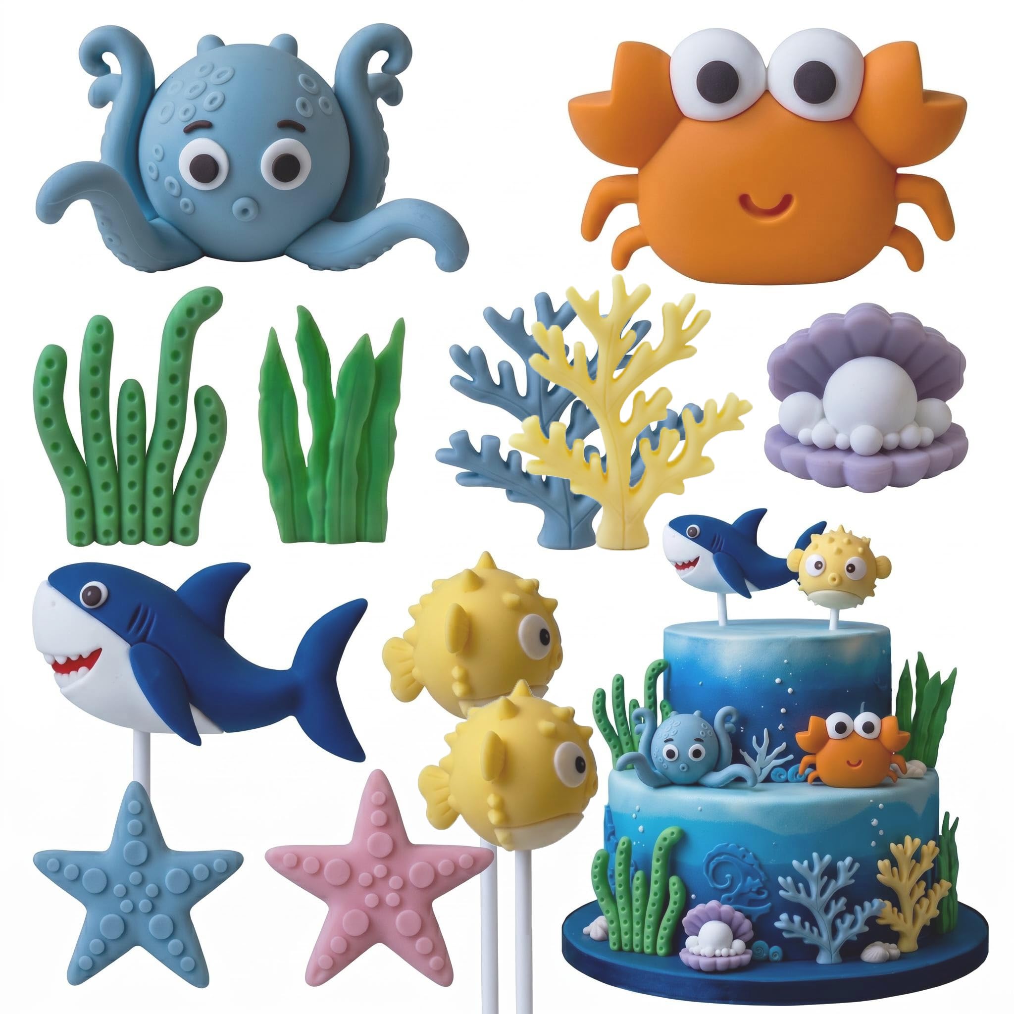 SINJAETRQ 12Pcs Under The Sea Cake Decorations Set – Ocean Theme Party Supplies with Shark Octopus Starfish Coral, Sea Creatures Cake Toppers for Birthday Dessert Table & Fish Tank Aquarium Ornament