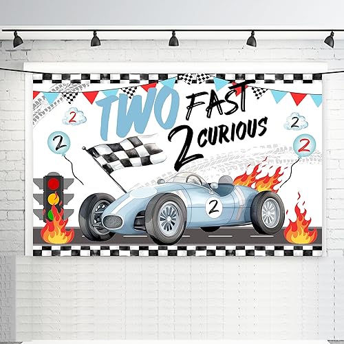 Two Fast 2 Curious Racing - Cartel de cumpleaños de coche de 2do cumpleaños, suministros para fiestas temáticas de carreras