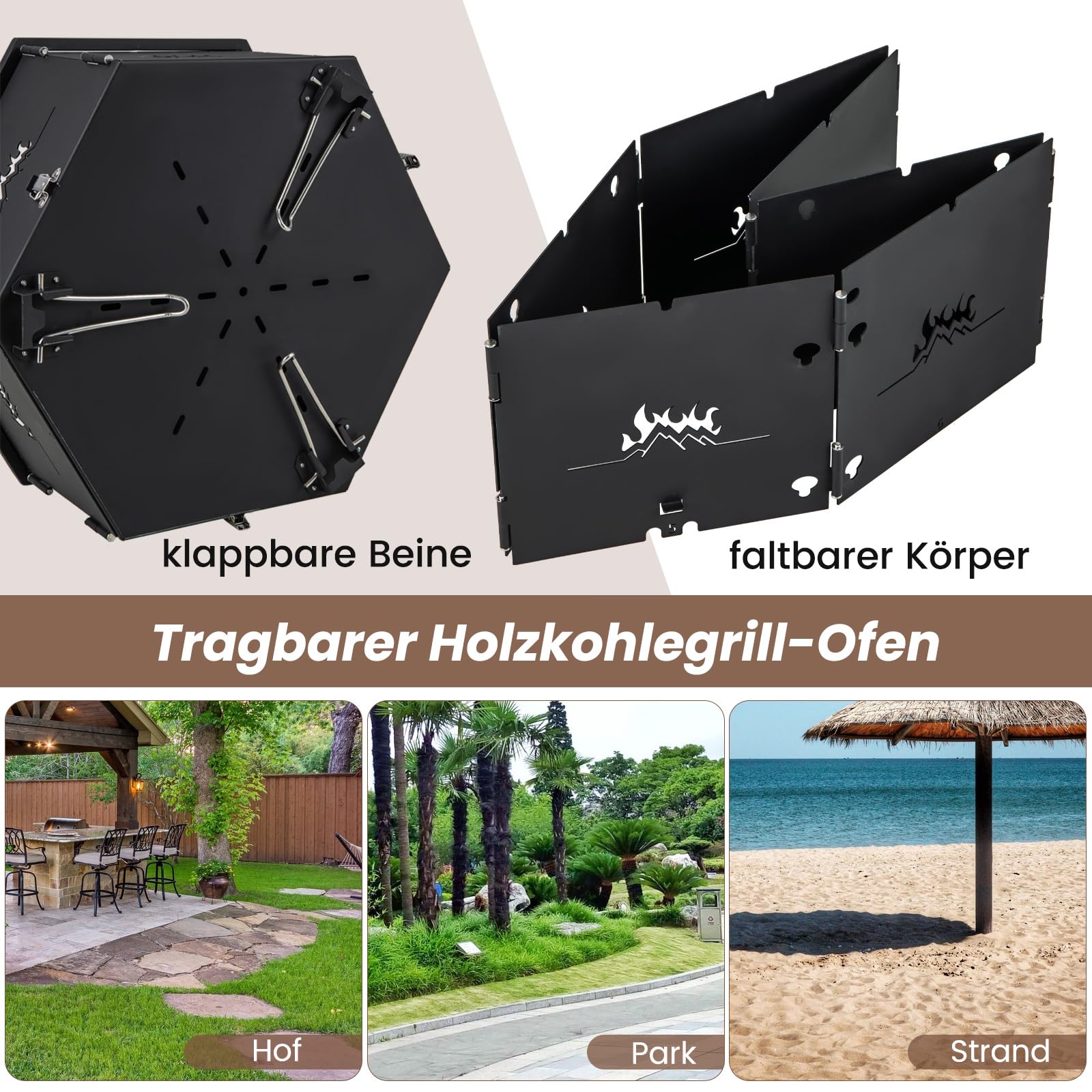 GYMAX 2 in 1 Holzkohlegrill klappbar & Feuerkorb, großer Campinggrill mit verstellbarem Grillrost & Lüftungslöchern, Grill zum Heizen & Grillen, Klappgrill für Partys, Camping & Picknicks