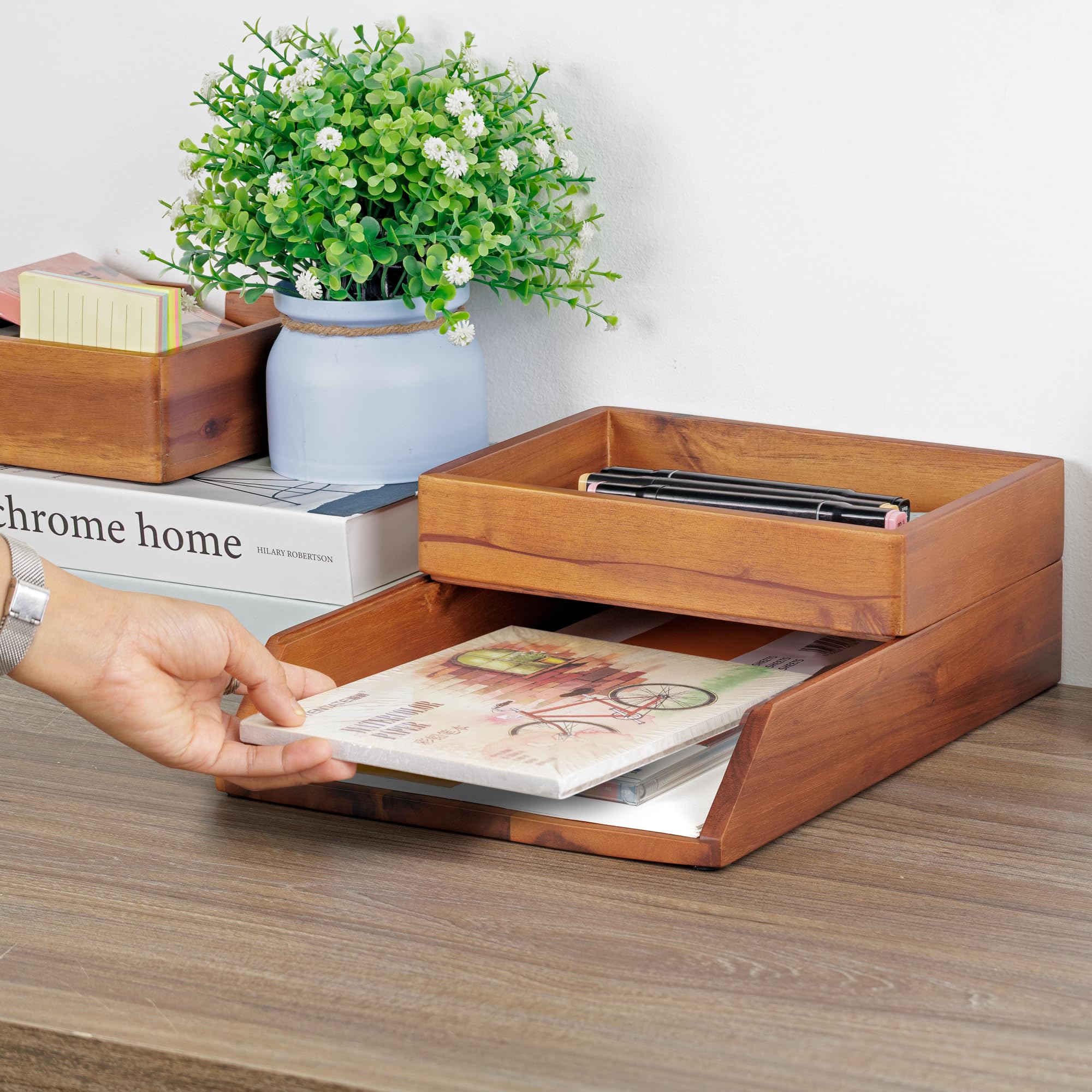 Akazien-Büro-Schubladen-Organizer, 2er-Set, Papier-Briefablage, Aufbewahrungsmappen, Notizbücher, Kopierpapier, Druckpapier, Holz, Schreibtisch, rechteckig, Arbeitsplatzhalter, Schreibwaren-Saver