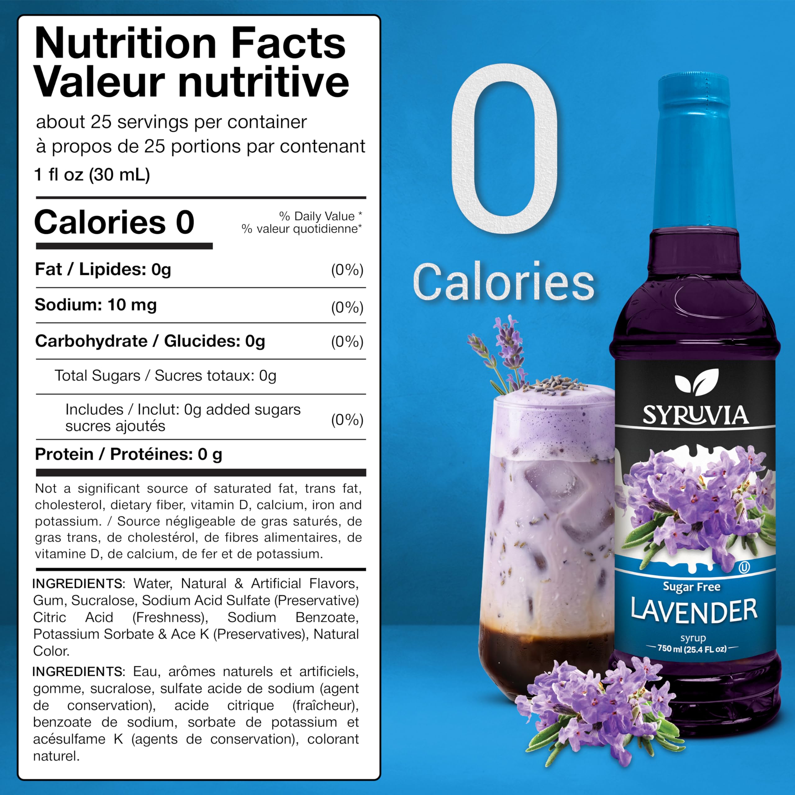 Syruvia Jarabe de lavanda sin azúcar - 751.2 ml. Jarabe saborizante de café de alta calidad. 0 calorías, kosher y sin gluten. Perfecto para bebidas, refrescos, batidos, postres y más.