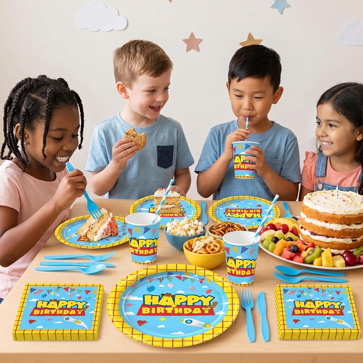 Meiqi 192Pcs Cartoon Kids Party Plates Set - 24 Each 7" 9" Plates, Cups, Napkins, Forks, Knives, Spoons & Straws - Disposable Tableware for 24 Guests - Fun Cowboy & Cloud Designs Birthday Supplies