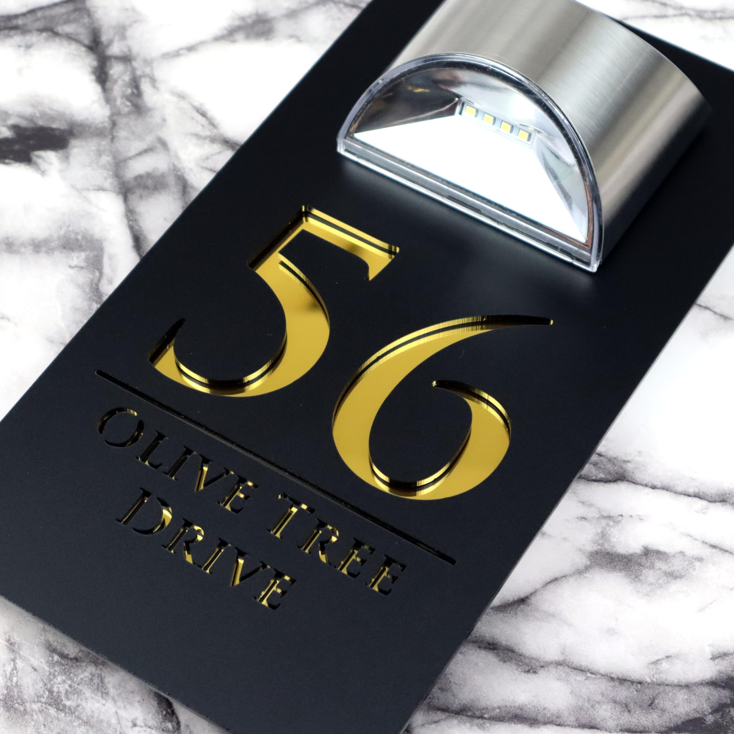 K Smart Sign | Bellissima LED F32 | Contemporary House Signs Plaques Door Numbers 1-9999 Street Name SOLAR LIGHT LED For Wall Personalised Laser Cut Mirror! (Matt Black & Gold Mirror) — image 1