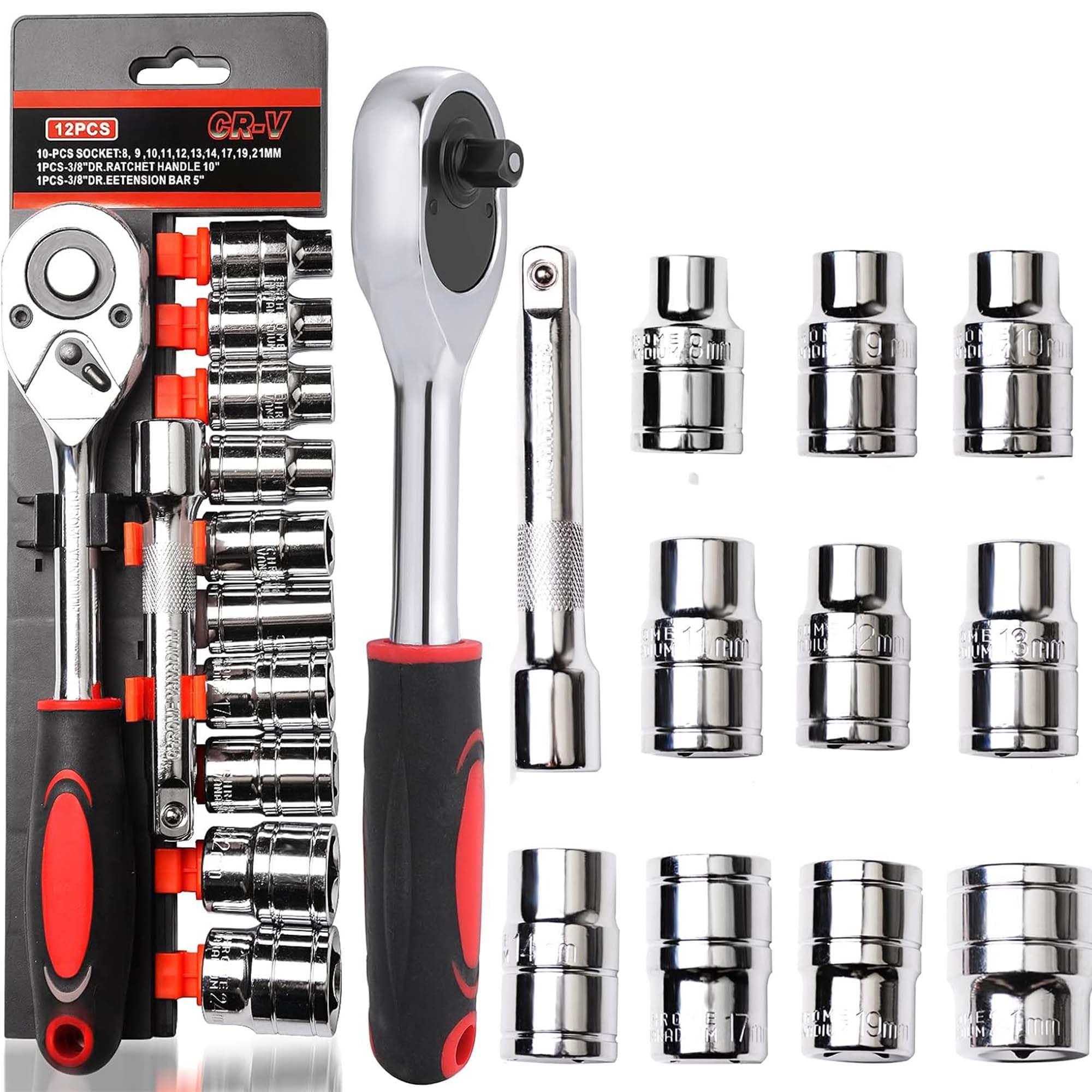 Bonzella 12 in 1 Ratchet Socket Wrench Set, 1/2 Inch Drive Combination Hex Socket Set 8mm-24mm, and 2 Way Quick Release Ratchet and Extension Bar, Metric SAE Mechanic Car Repair Tool Kit, Chrome Steel (B0D4F54WRW) Amazon Price History, Amazon Price Tracker