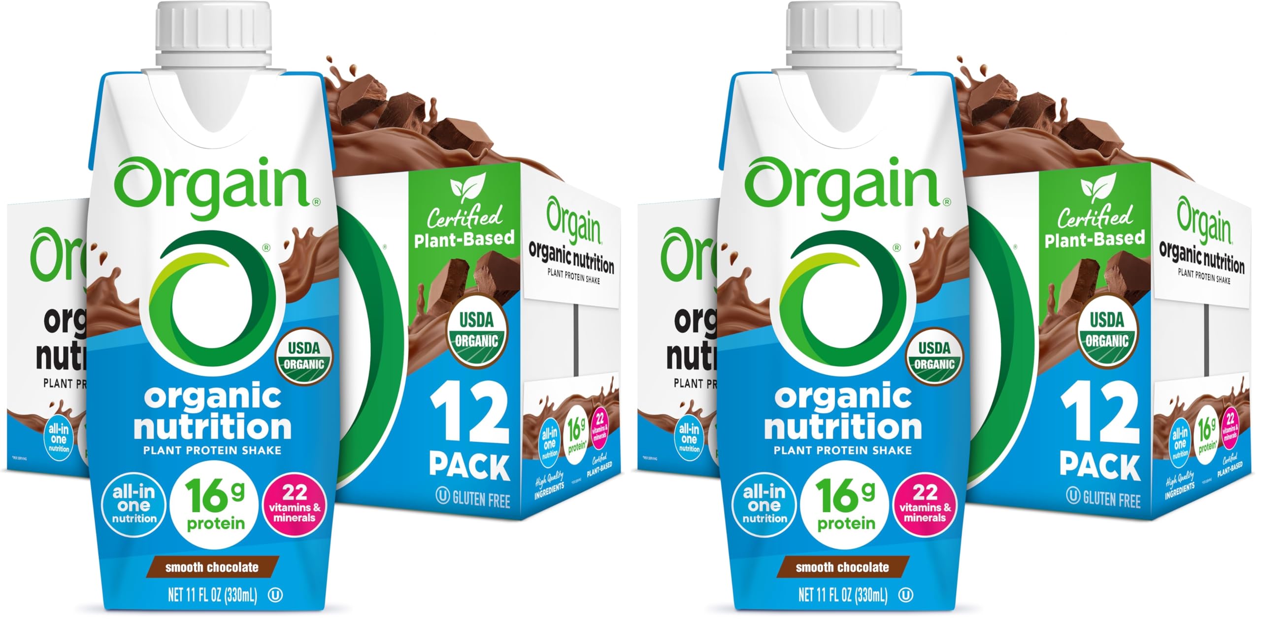 Orgain Organic Nutritional Vegan Protein Shake, Smooth Chocolate - 16g Plant Based Protein, Meal Replacement, 22 Vitamins &amp; Minerals, Fruits &amp; Vegetables, Gluten Free, Non-GMO, 11 Fl Oz (Pack of 24)