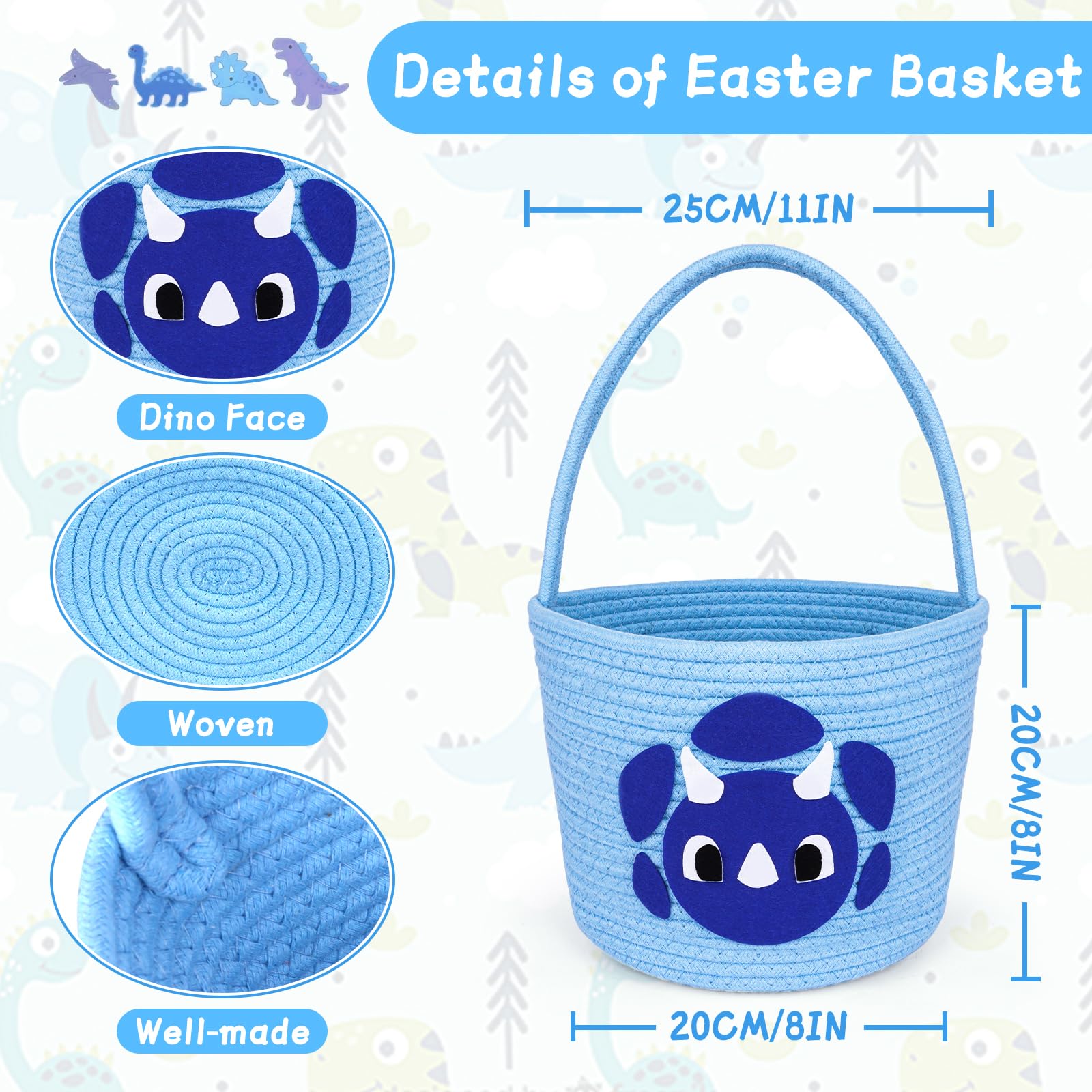 Easter Baskets for Boys,Baskets for Gifts Empty with Handle,Easter Gifts for Kids,Dinosaur Woven Rope Egg Bucket,Toy Storage Container Organization Bucket for Egg Hunts
