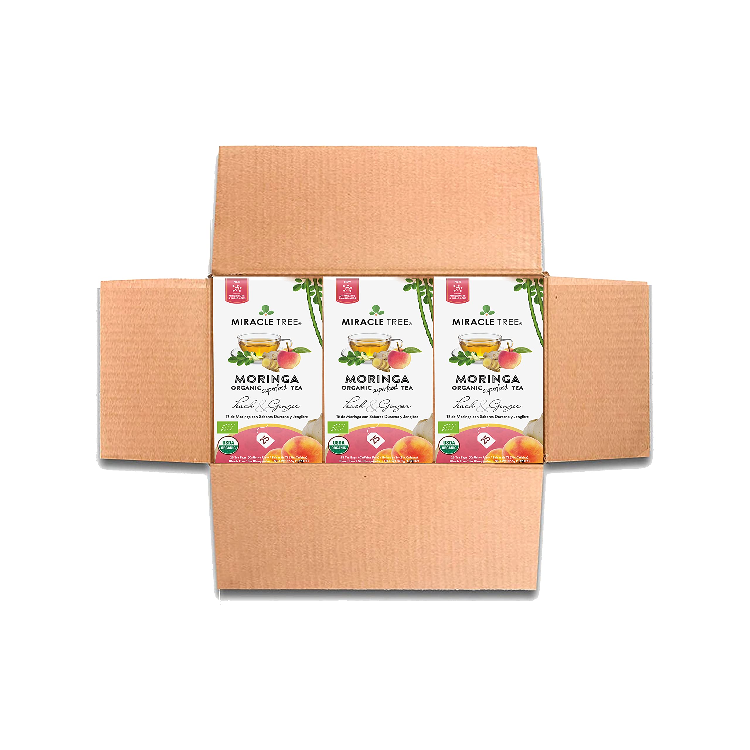 Miracle Tree - 3 Count of Organic Moringa Superfood Tea, 25 Individually Sealed Tea Bags, Peach & Ginger (Keto, Detox, Energy/Immunity Booster, Vegan,