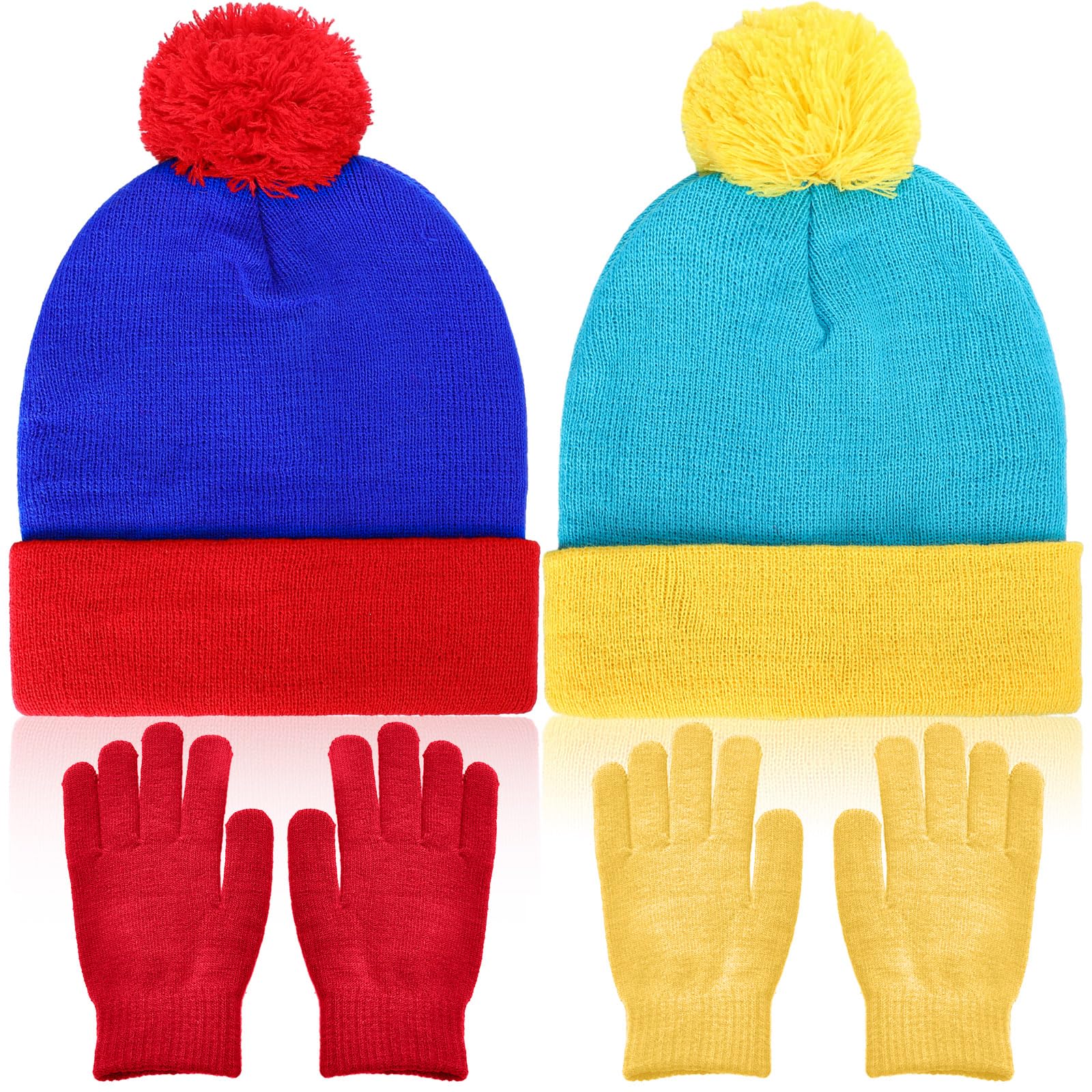 Shinymoon 2 Sets Halloween Knit Pom Beanie Hat and Gloves Set Winter Character Cosplay Headwear Knitted Pompom Cuff