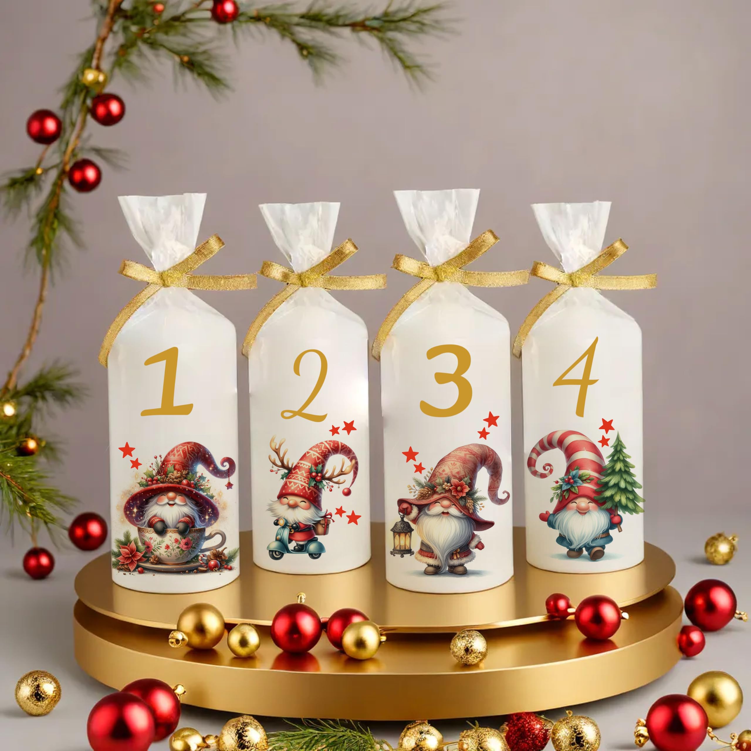 Candela dell'Avvento personalizzata con nome e scritta come decorazione da tavolo, decorazione da tavolo, candela dell'Avvento, regalo amorevole, 4 pezzi, gnomi, durata 35 ore, diametro 6,8 x altezza