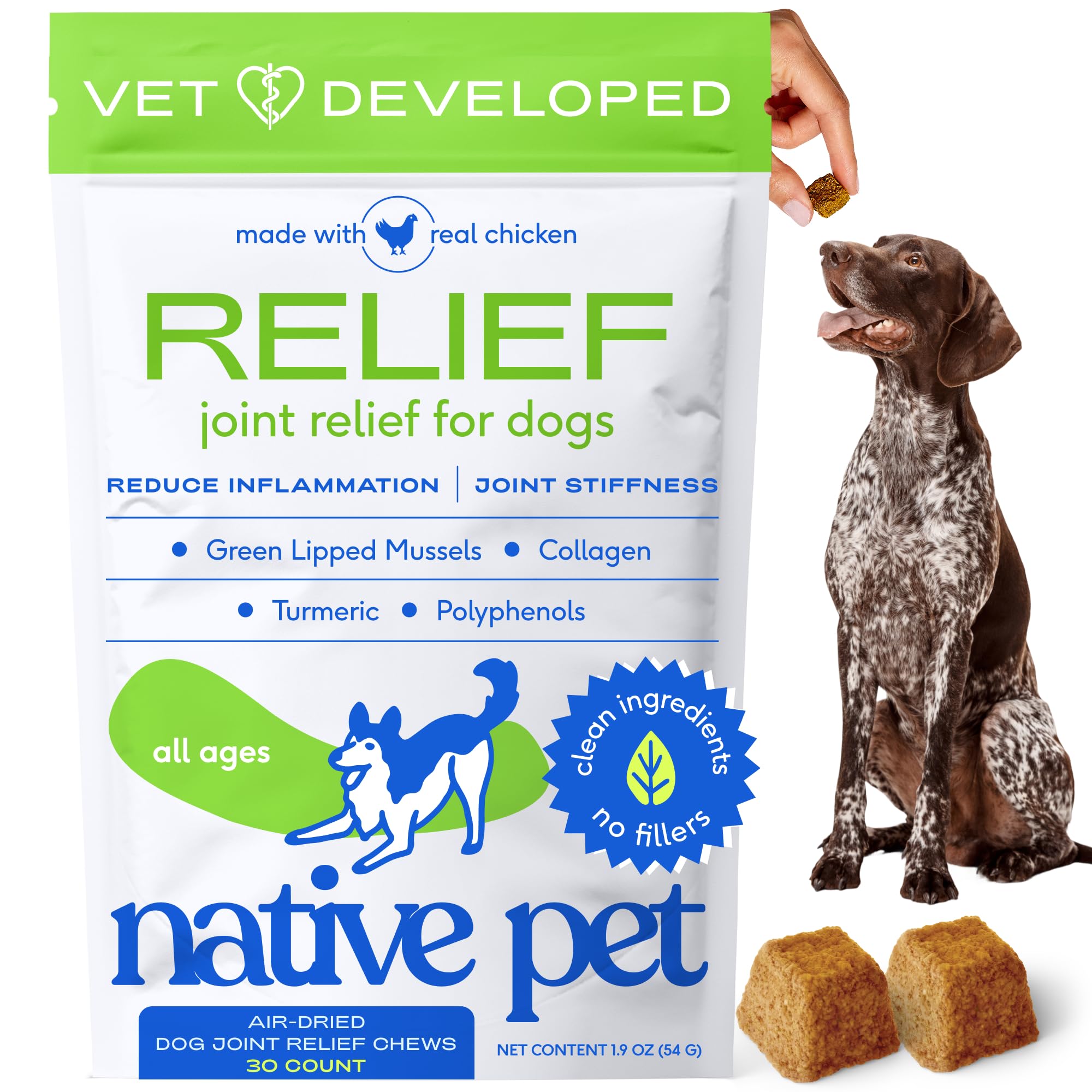 Native PetPain Relief for Dogs - Collagen for Dogs Promotes Joint Health, Reduce Inflammation & Stiffness - Senior Pup Joint Supplement - Natural Pain Reliever for Active & Aging Pets - 30 Chews