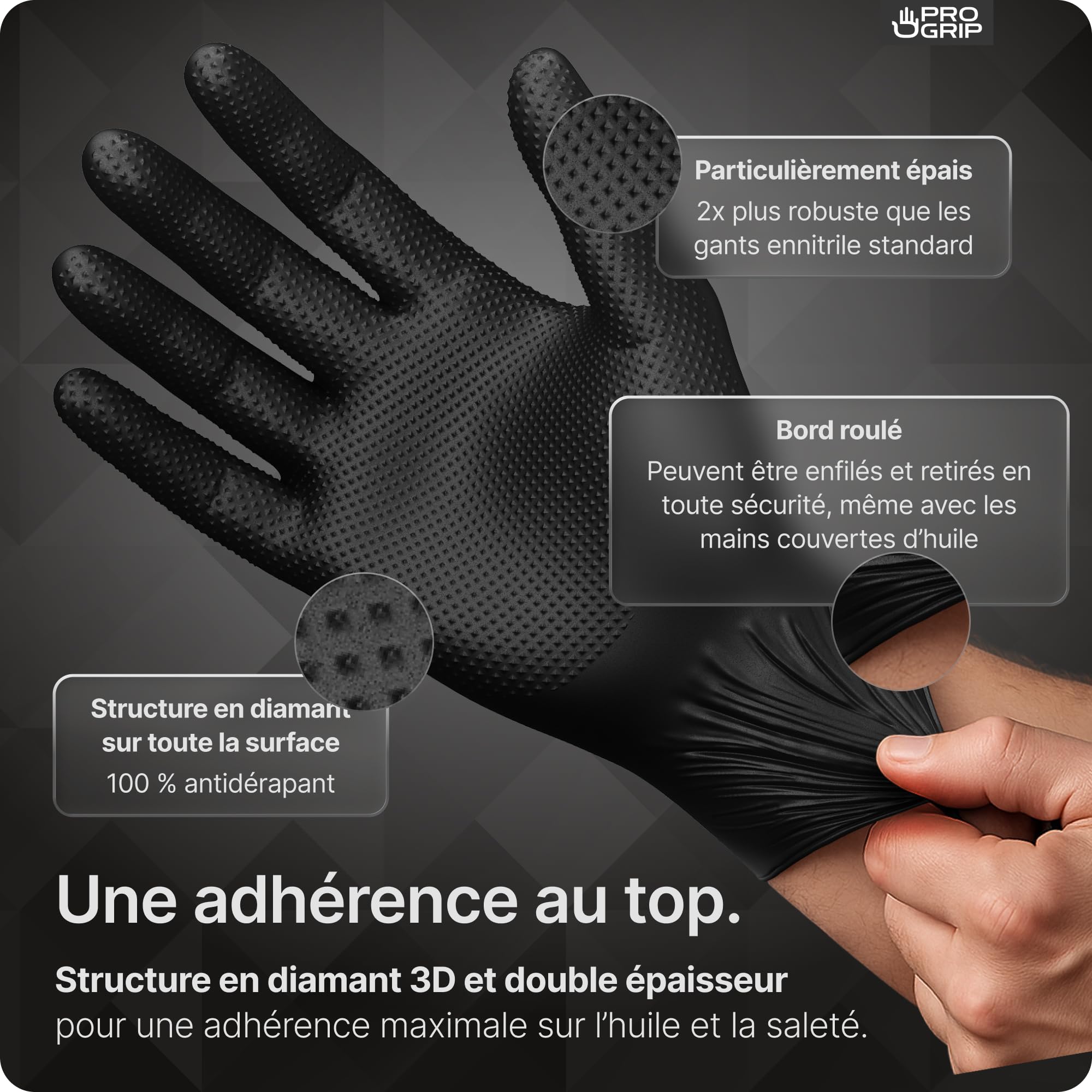 PROGRIP Gants nitrile taille L Noir double épaisseur texture diamantée usage unique atelier industrie montage
