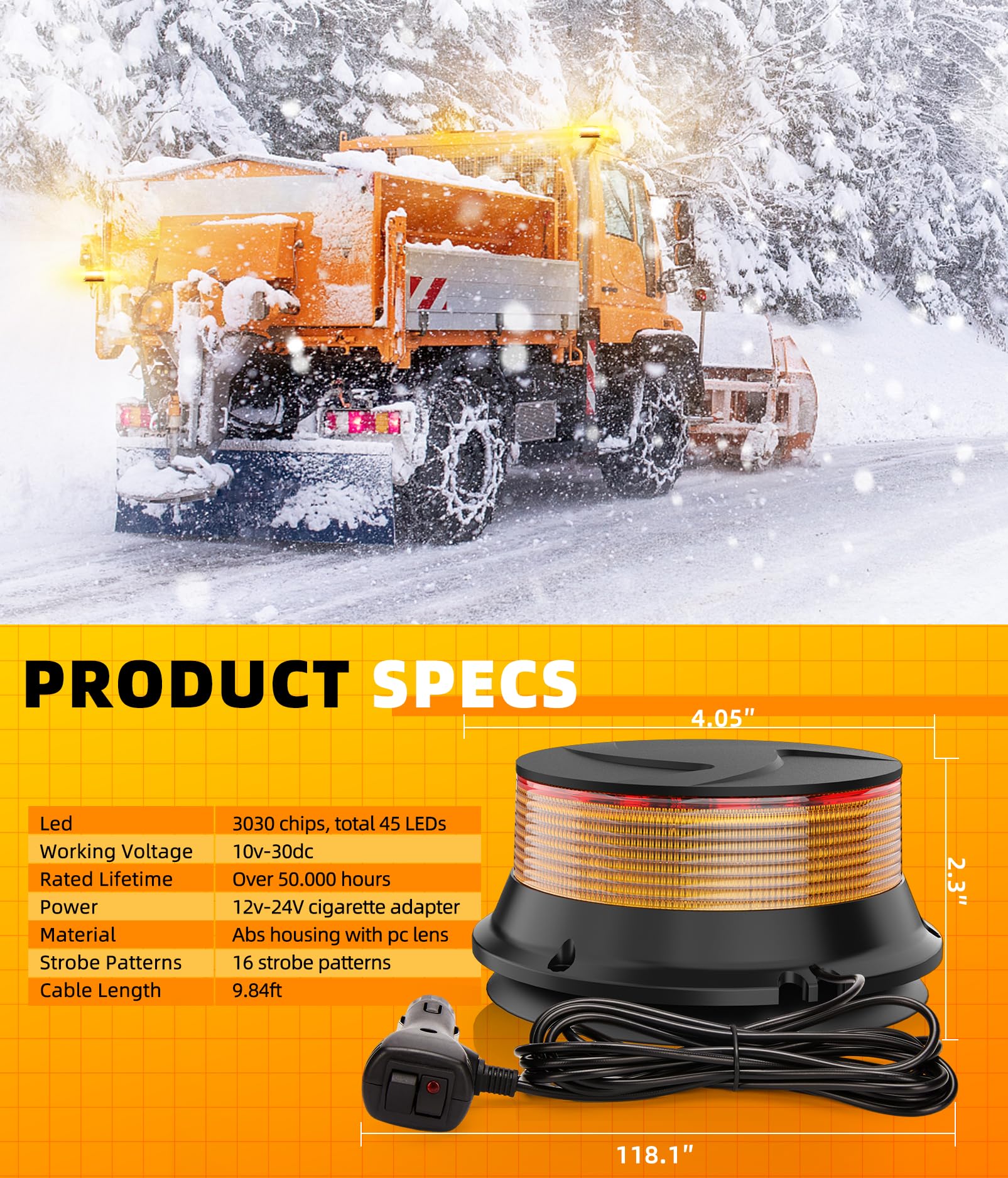 Luce stroboscopica ambra a LED, luci lampeggianti di sicurezza di avvertimento 12V-24V con base magnetica per camion spazzaneve,veicoli,carrelli elevatori,trattori,carrelli da golf,autobus