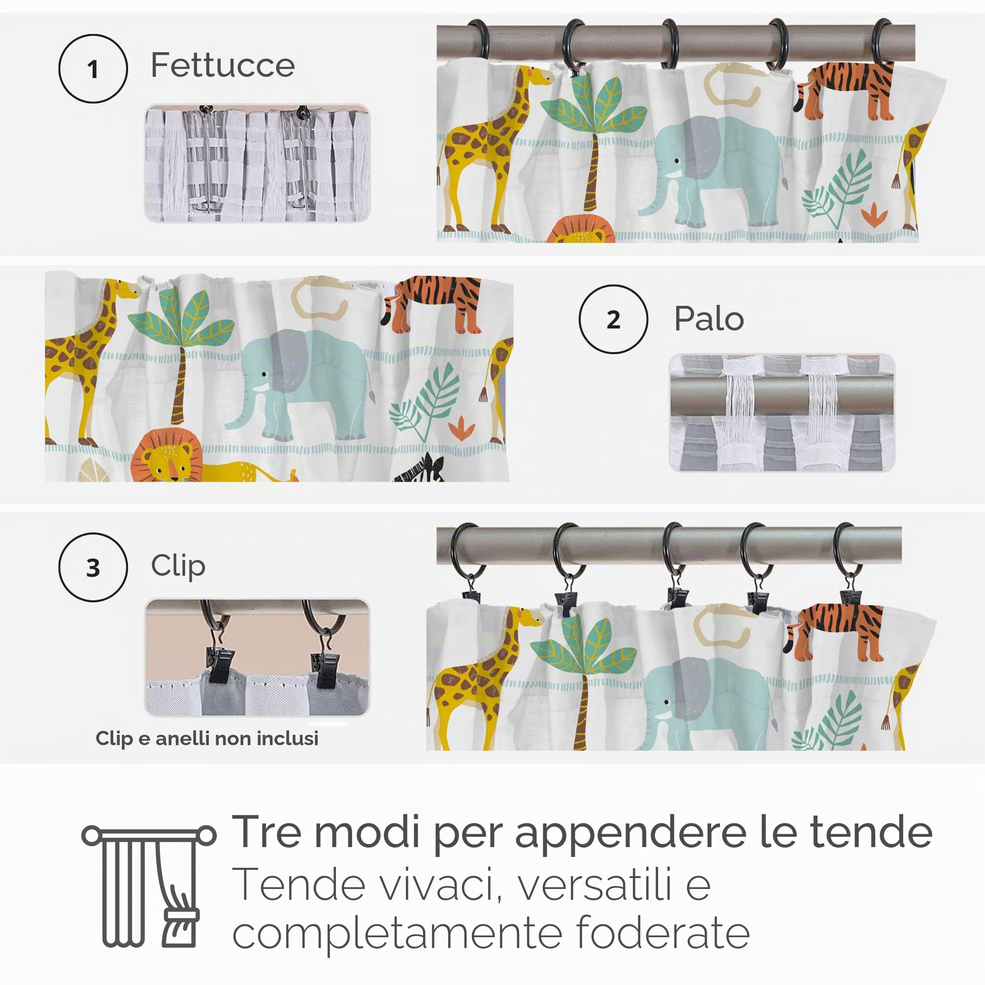 Bloomsbury Mill - Avventura Safari - Animali della Giungla - Coppia Di Tende Foderate Per Bambini Con Fermatenda - 168 cm x 183 cm