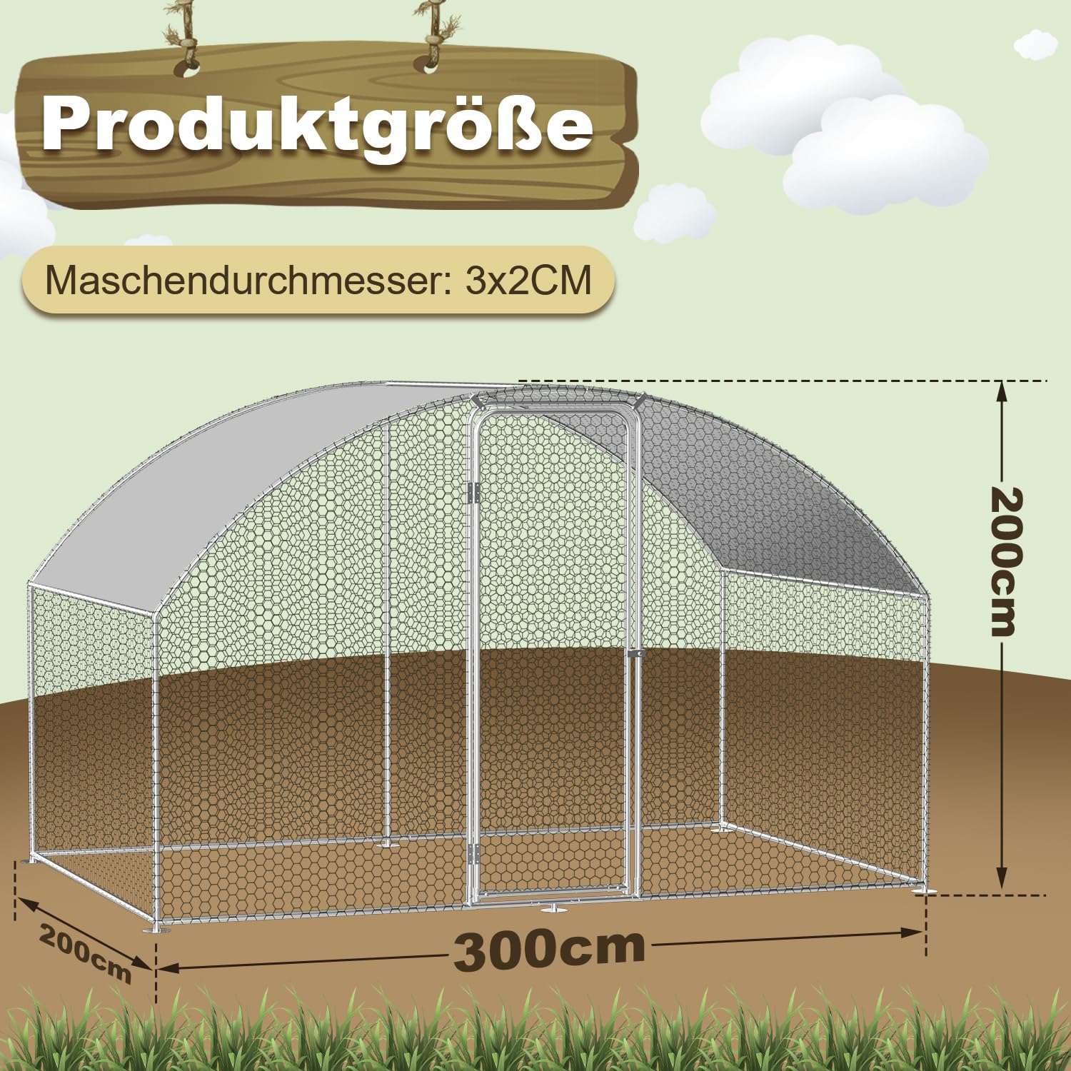 Randaco Recinzione per pollaio, 3 x 2 x 2 m, in acciaio zincato, Dome Roof, con panno impermeabile in polietilene e serratura, per polli, piante di piccoli animali, veloce da pulire