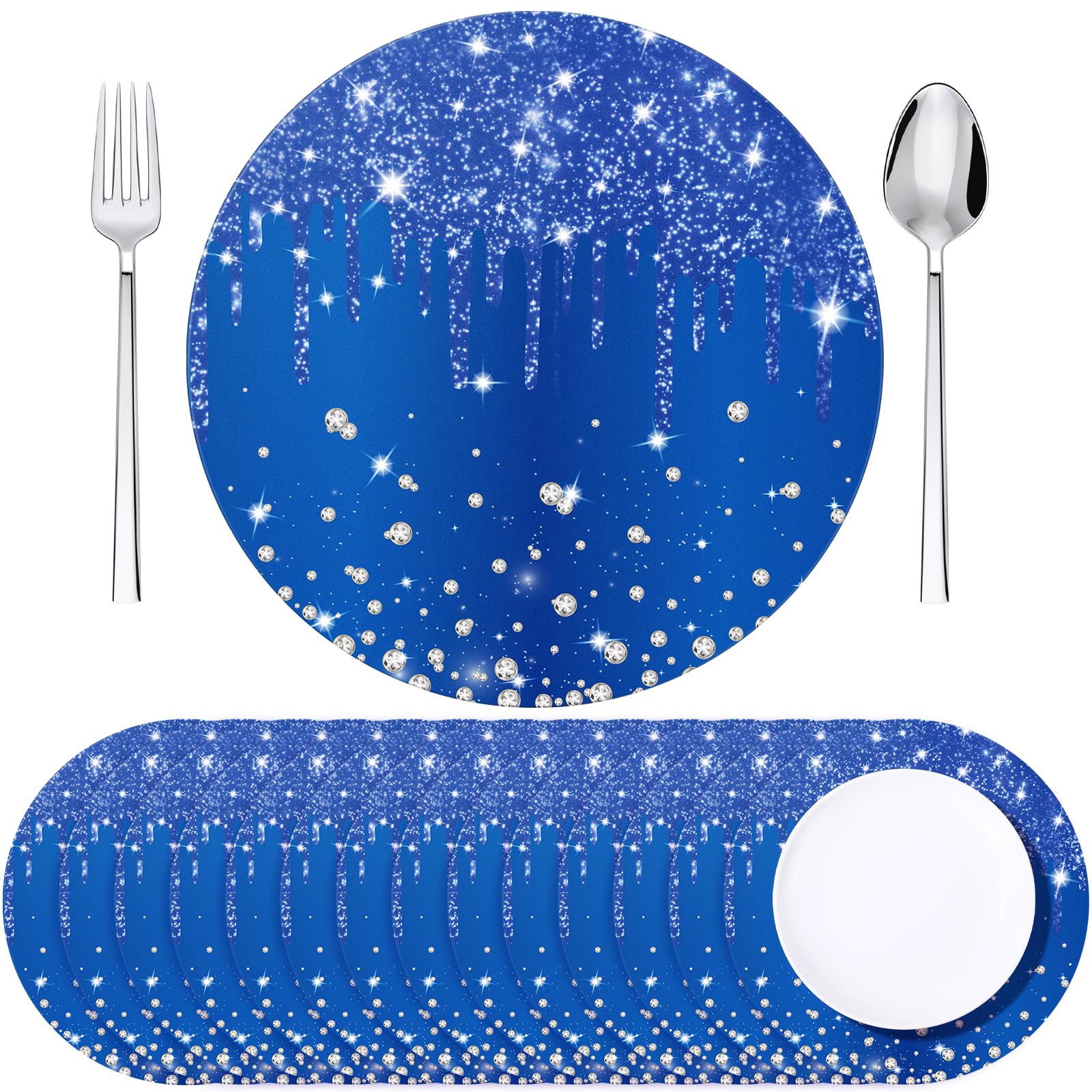 Dispowreath 120 manteles individuales de papel azul con diamantes con purpurina redondos, desechables, manteles decorativos para comedor, boda, cumpleaños, banquete con purpurina azul, 13 pulgadas