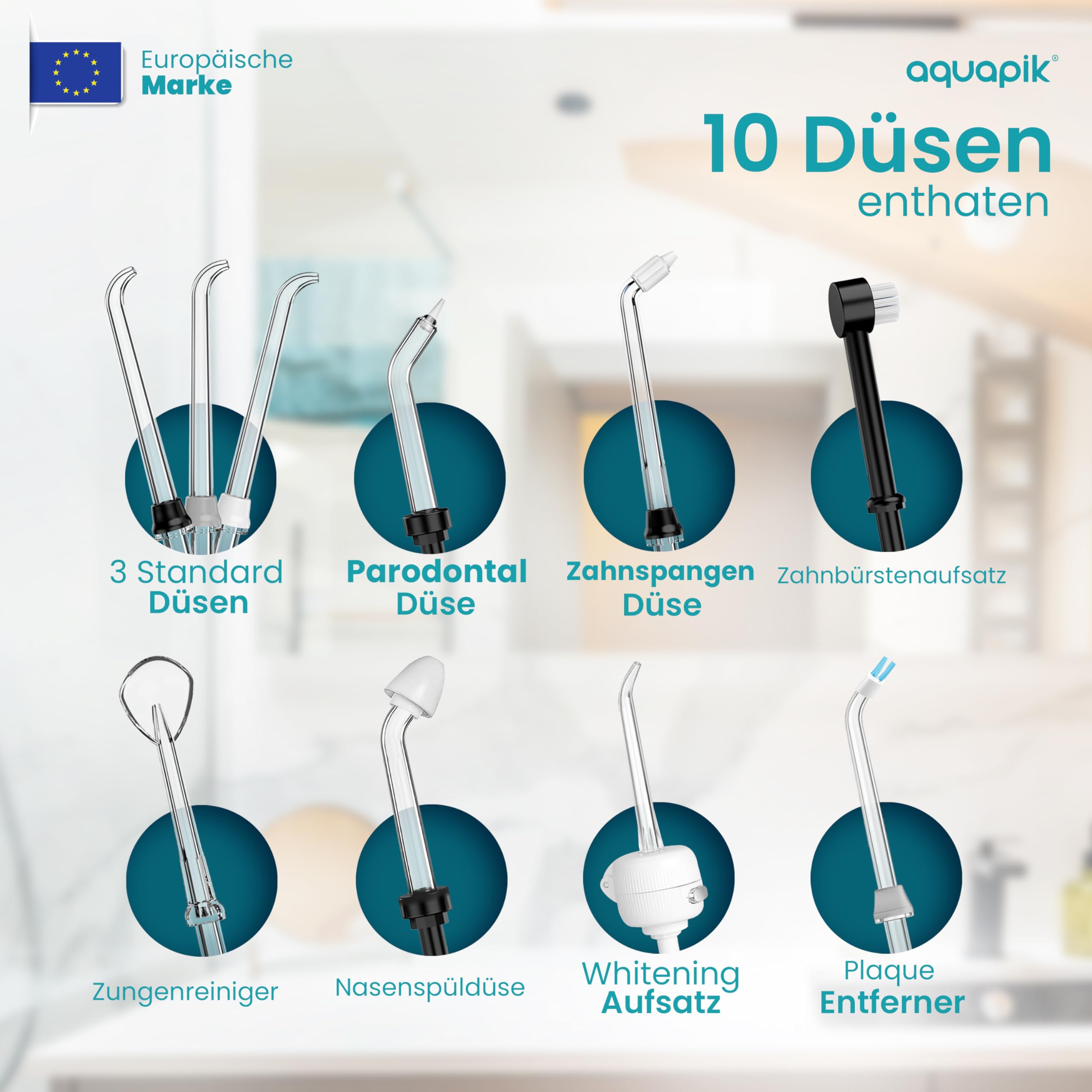Aquapik® ADVANCED Munddusche | Ideal für Zahnspangen, Implantate und empfindliches Zahnfleisch | Aufhellungs-Kit entfernt Flecken | 10 Druckstufen | 10 Düsen | Von Zahnärzten empfohlen.