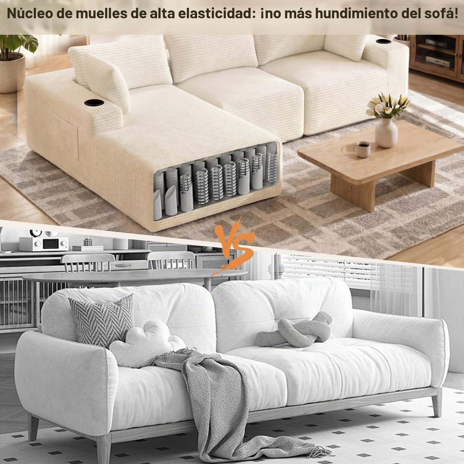 HAUSPROFI Sofá esquinero con función de Dormir (Beige Largo)