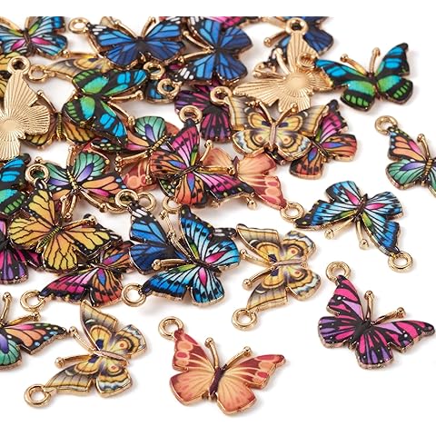 Cheriswelry 36Pcs Butterfly Alloy Enamel Pendants Light Gold Butterfly Alloy Dangle Charms Insect Hang Ornaments 9 Colors 15.6mm for DIY Necklace Bracelet Earring Jewelry Making