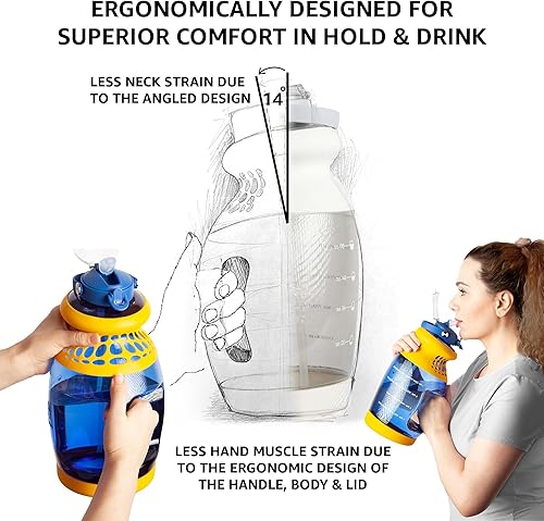 Miniatura 2 de Botella de agua ergonómica de 1 galón con tiempo, jarra de agua American Tritan de 1 galón, botella de agua deportiva con popote, botella de agua