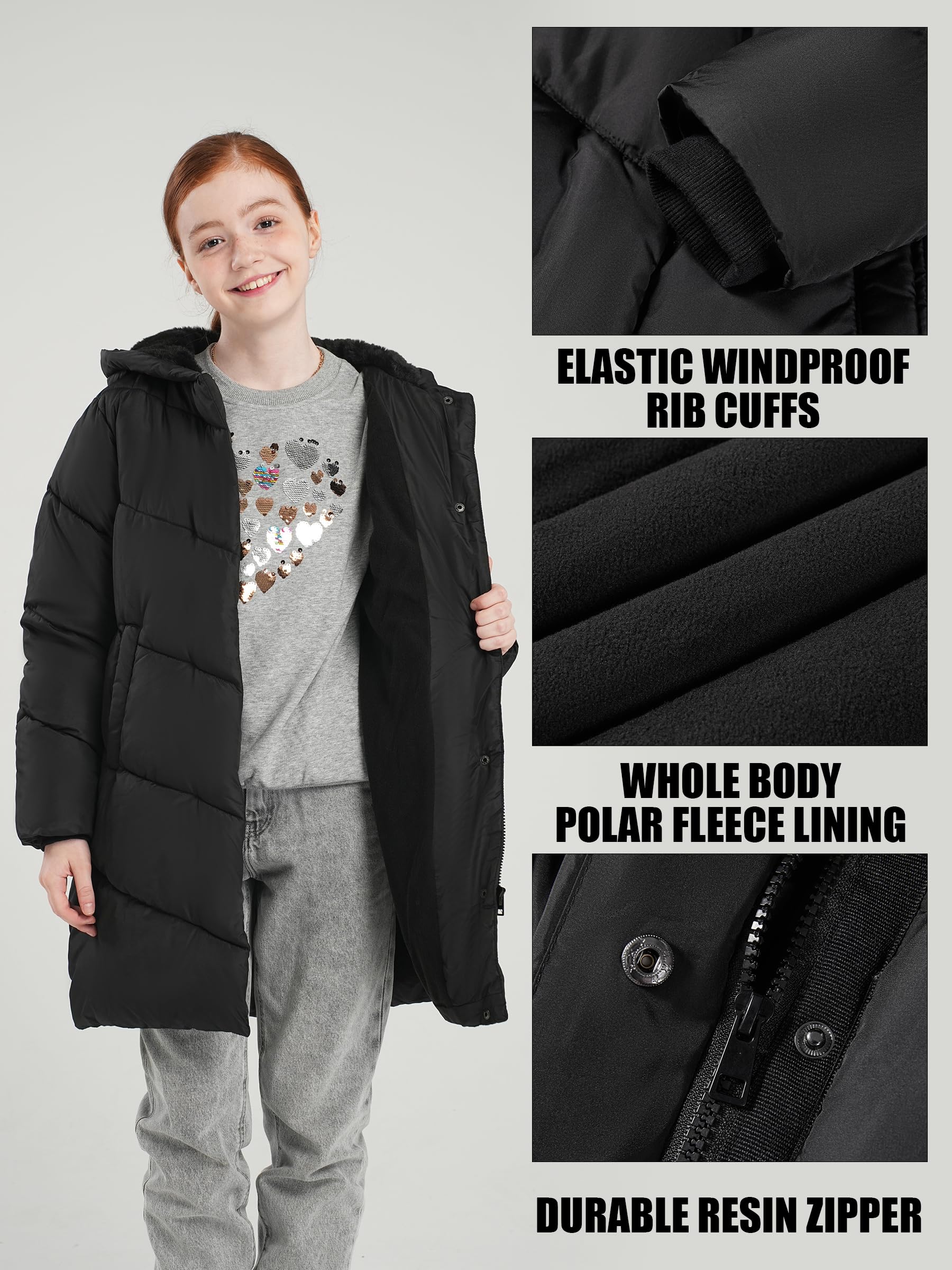 SOLOCOTE Abrigo de invierno para niñas resistente al agua con forro de peluche chaqueta acolchada con capucha gruesa para niños
