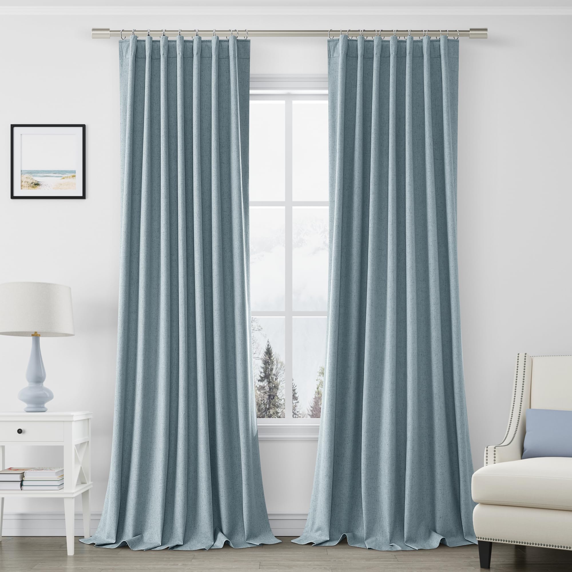 Joywell 100% Blackout Linen Curtains 108 Inches Long for Bedroom High Celing Window Black Out Curtain Noise Reduction Drapes Ceiling to Floor Rod