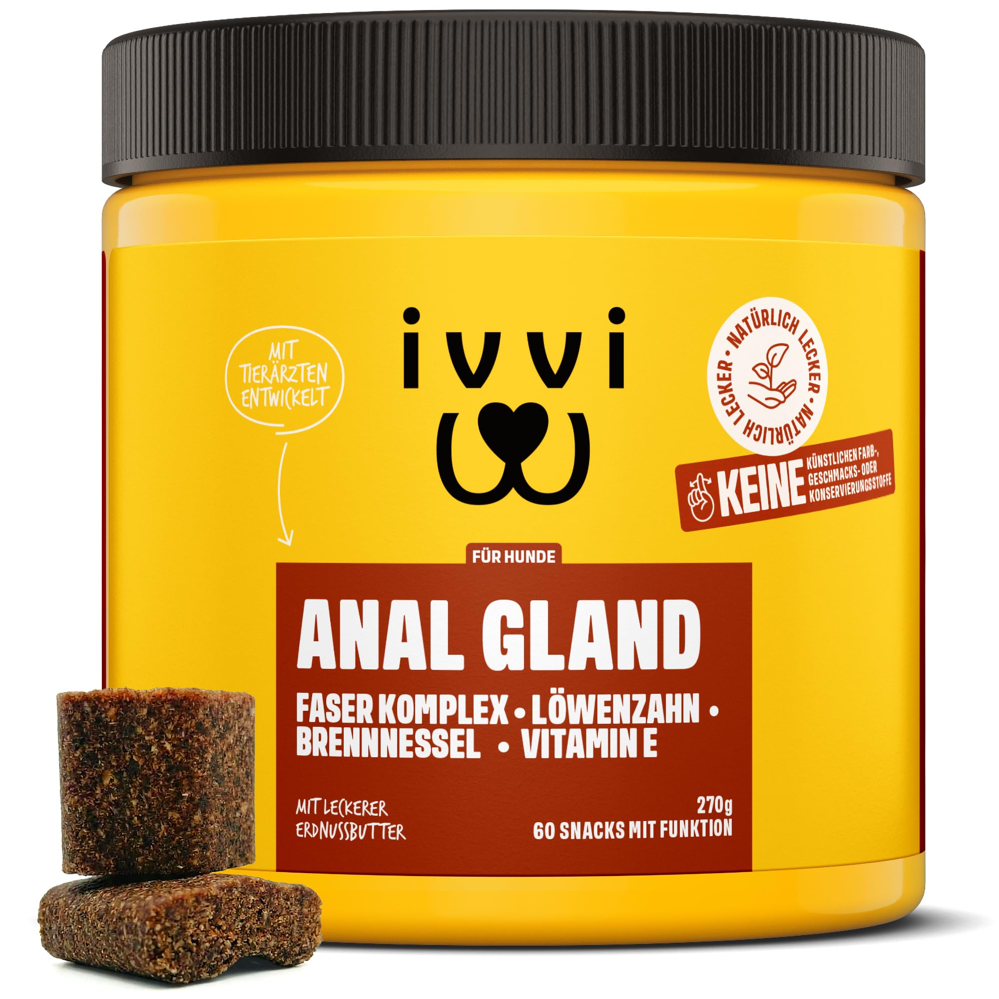 ivvi Anal Gland - Snacks zur Unterstützung der Analdrüsen bei Hunden. Enthält Kürbisfleisch, Flohsamenschalen, Leinsamen, Löwenzahn, Brennessel und Präbiotika. 60 Snacks (270g) mit Erdnussbutter
