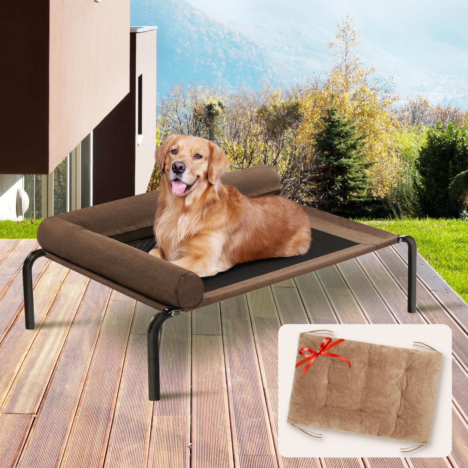 ROMROL 2 in 1 Elevated Dog Bed, 42 Inches Raised Dog Cots Beds for Large Dogs with Bolster, Dog mat, Breathable Mesh, Chew Resistant Dog Bed, Proof Portable Pet Cot