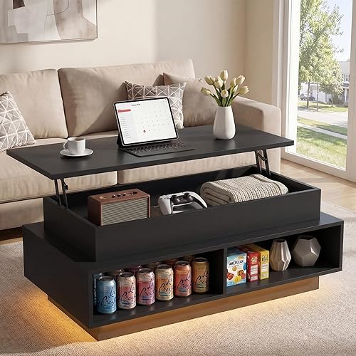 YESHOMY Mesa de Centro Elevable de 40" con Almacenamiento Oculto y Luces LED Multicolor, Mesa Cuadrada Moderna de Madera con 4 Estantes Abiertos