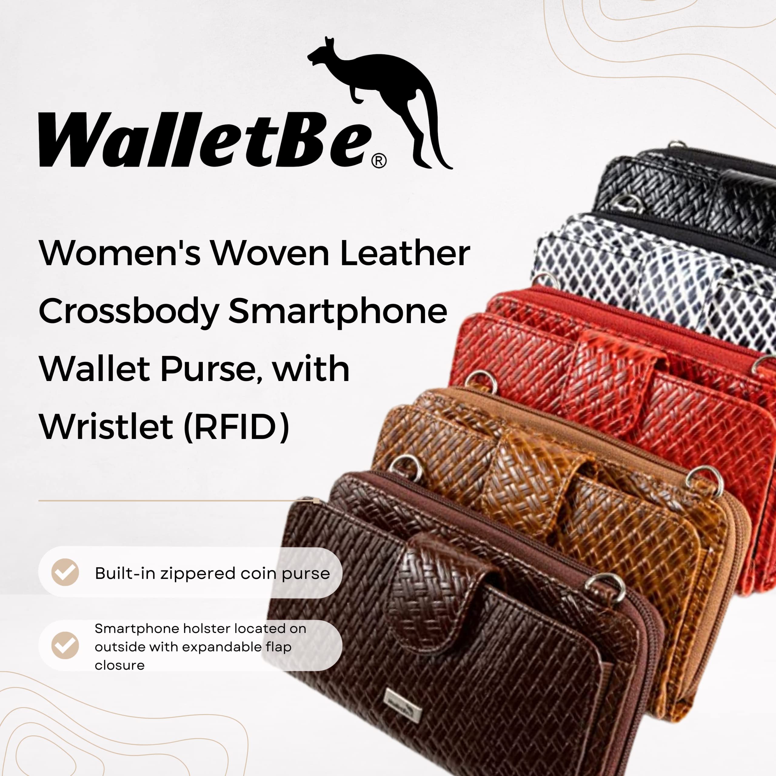 WalletBe Women's Wallet Woven Leather Crossbody Smartphone Purse with Straps RFID Black and White