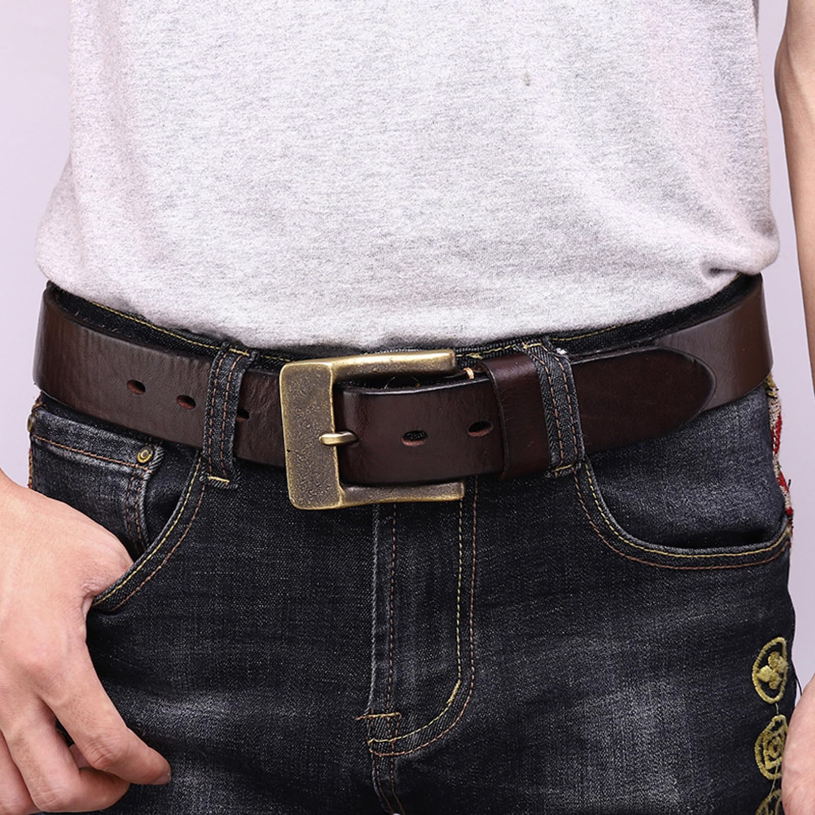 Ceinture pour Hommes 5mm D'épaisseur Ceinturon en Cuir Pleine Fleur 3.8cm De Large pour Jeans Décontractés, Robe De Travail, Boucle en Laiton Antique(100cm/39, Coffee)