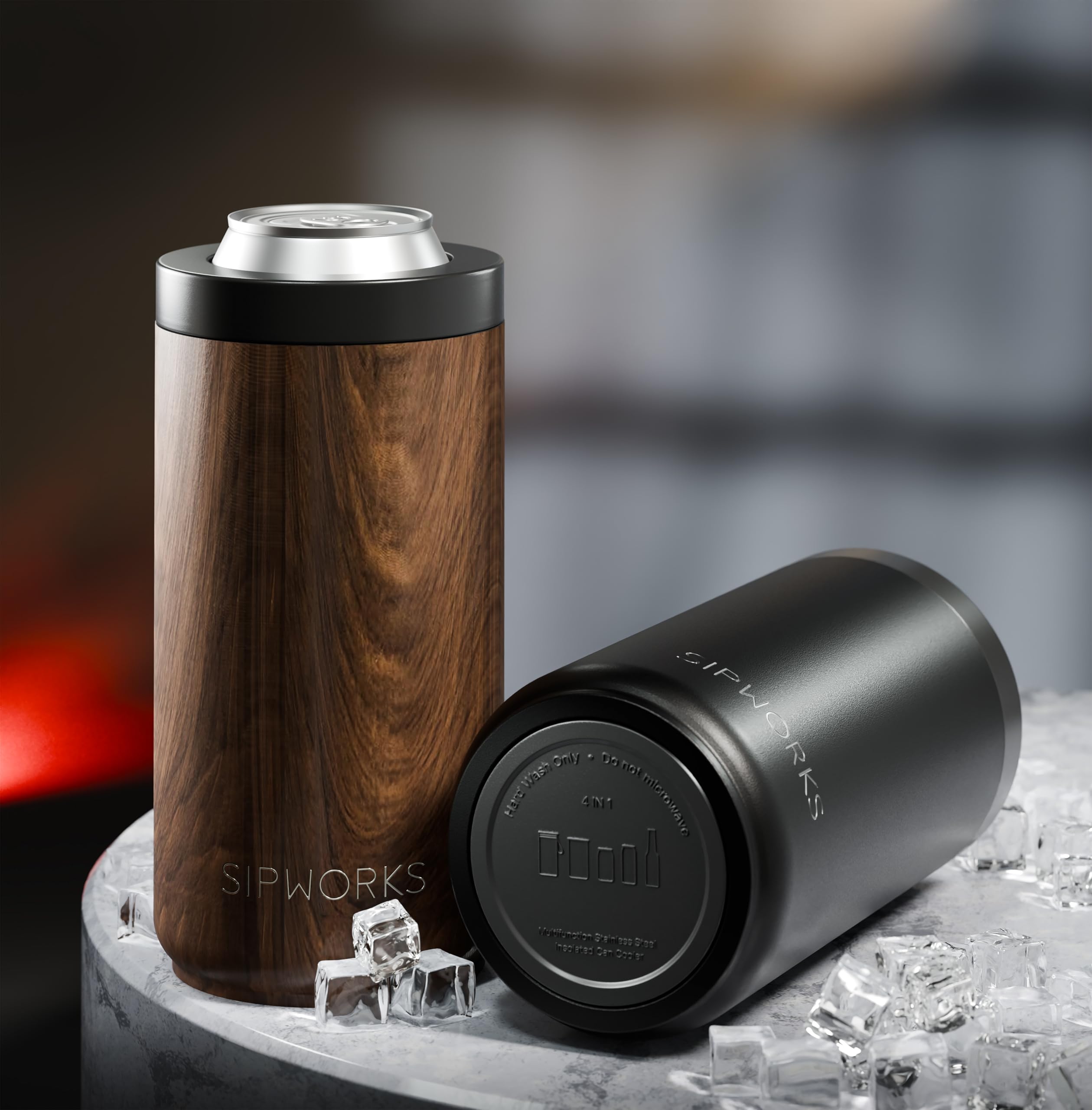 Sipworks Universal Can Cooler - Fits All - Insulated Slim Can Cooler for 12 oz Regular or Slim Cans & Bottles - Double-Walled Stainless Steel Skinny Can Koozie, Mahogany