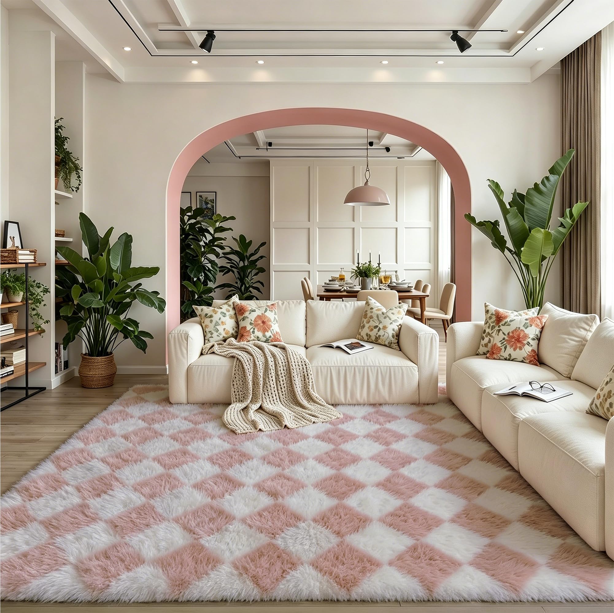 hugear checkered rug 8x10 living room pink and white modern shag rug washable large area rug soft fluffy indoor carpet fuzzy vacuumable rugs for bedroom home decor non slip
