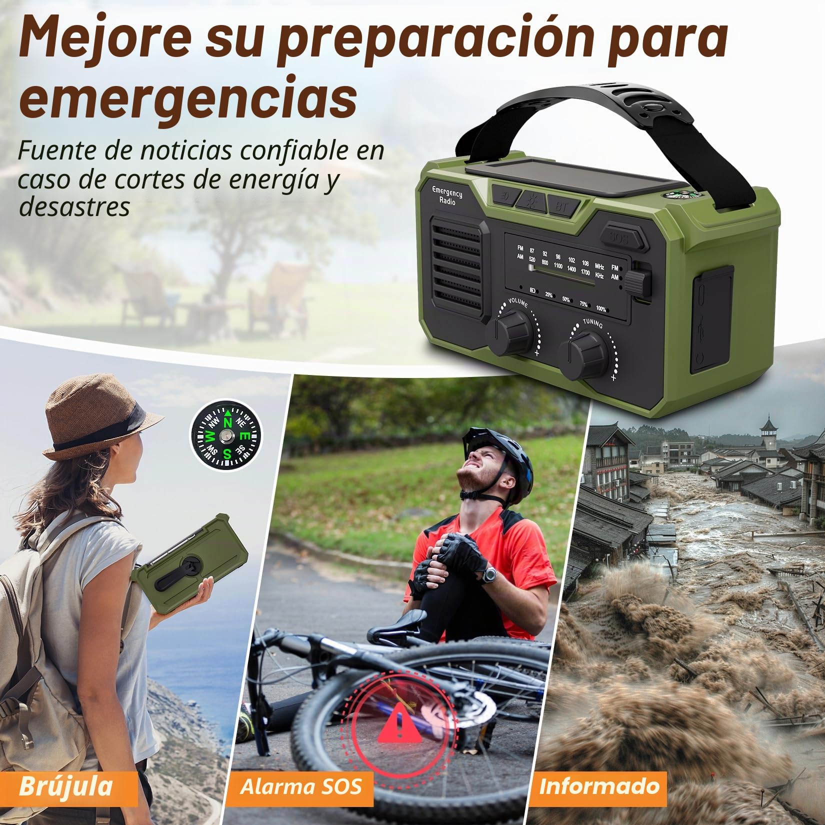 27000mAh Radio Emergencia, FM/Am Radios Solar y Recargable con Bluetooth 5.3/Alarma SOS/Brújula/Linterna, Radio De Dinamo para La Preparación Al Aire Libre para Desastres Naturales (Verde)