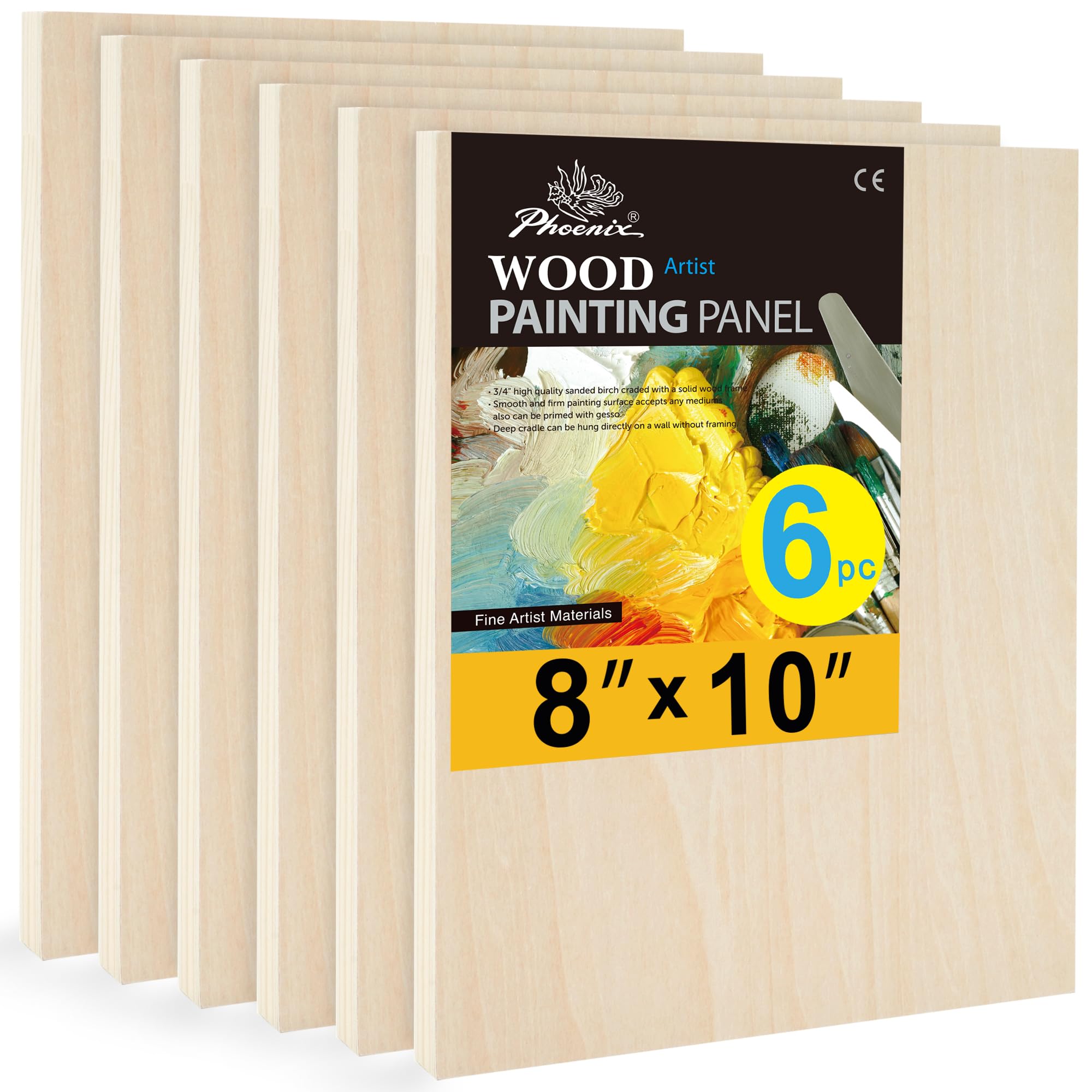 PHOENIX Unfinished Wood Panel - Wood Canvas for Painting - 8x10 Inch / 6 Pack Birchwood 3/4" Deep Cradled Wooden Board for Crafts, Wood Burning &