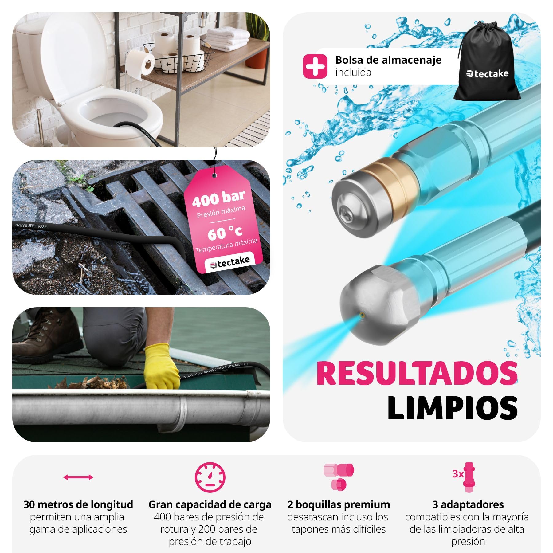 tectake® Juego Manguera Limpieza Tuberías 8 Piezas, Boquilla Giratoria, Adaptadores Hidrolimpiadora, Limpia Canalones, Manguera Presión, Desatascador Tuberias, Manguera Flexible - 30 metros