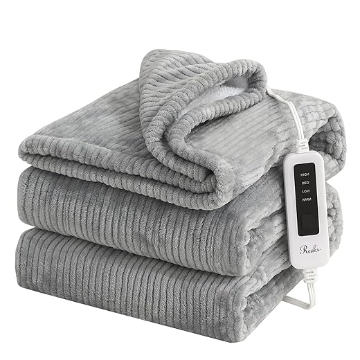 Reaks Heated Electric Blanket Throw - 50" x 60" Heating Blanket with 4 Fast Heating Levels & 3 Hours Auto Off, Soft Warm Flannel Sherpa Blankets for Home Office, ETL&FCC Certification, Light Grey