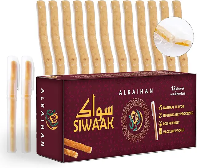 12-Pack Natural Miswak Sticks with Holders for Organic Teeth Whitening & Gum Care