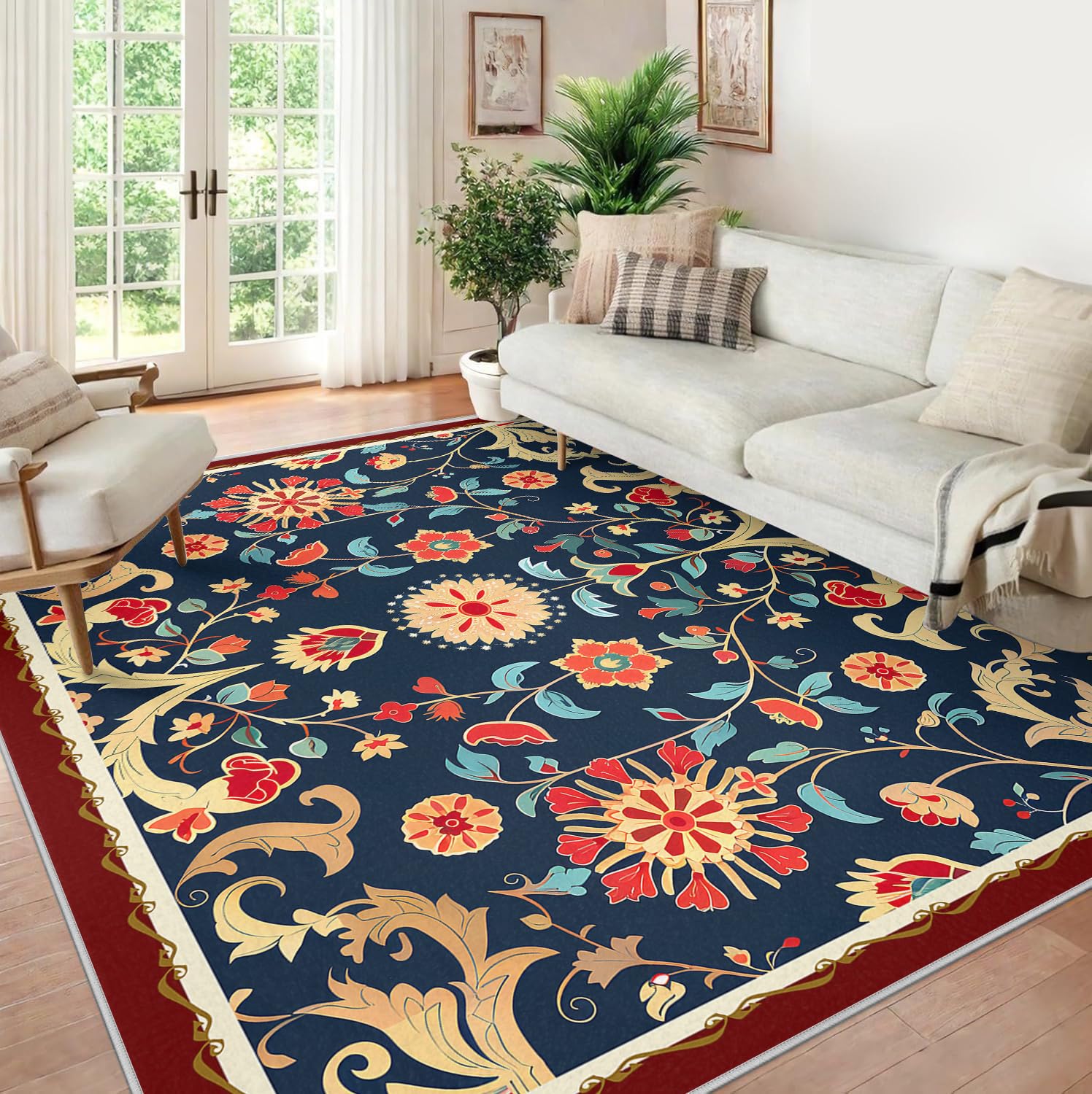Tapis pour salon 160x200cm vintage floral lavable et antidérapant