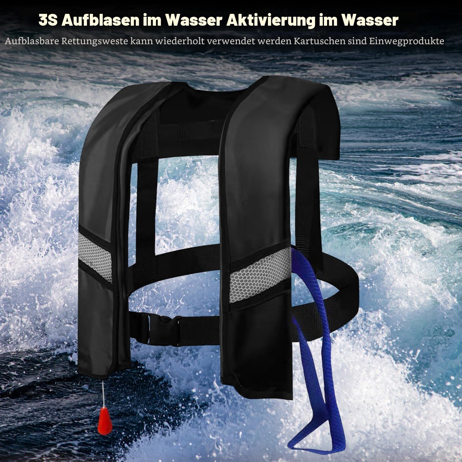 Rettungsweste für Erwachsene, automatisch, aufblasbar, mit verstellbarer Schnalle, mit reflektierenden Streifen und Pfeife, Schwimmwesten für Wassersport, kein CO2-Gas