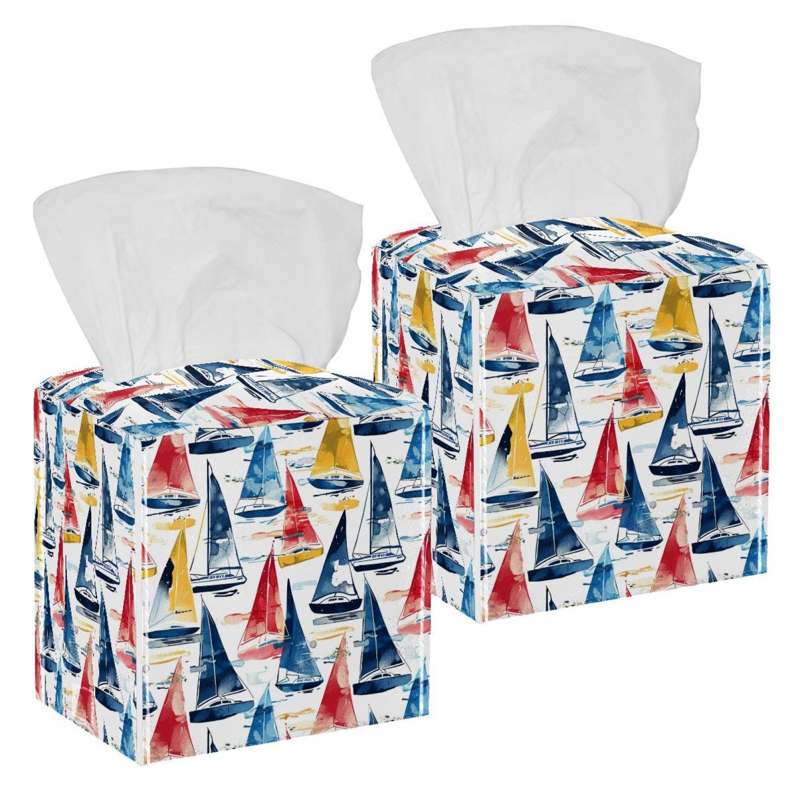 Sailboat Pattern Tissue Box Cover, 2 Pack PU Leather Square Facial Tissue Dispenser Box holder for Home Office Car