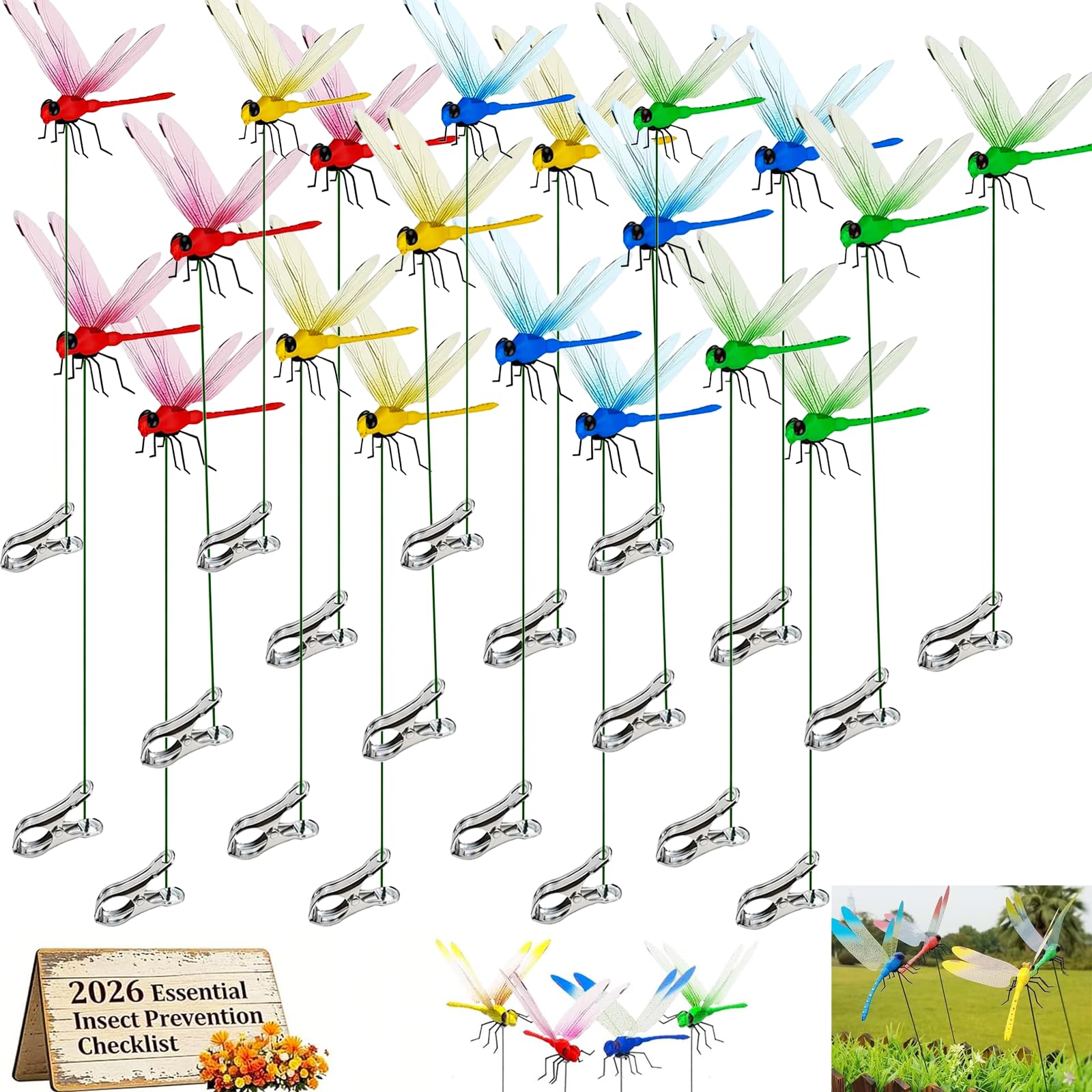 Photo 1 of 20 Pcs Dragonfly Clips for Bugs Repellent, 3D Artificial Dragonfly Hat Clips Garden Decor, Garden Bird and Fly Scare Devices for Indoor Outdoor Material Optimized